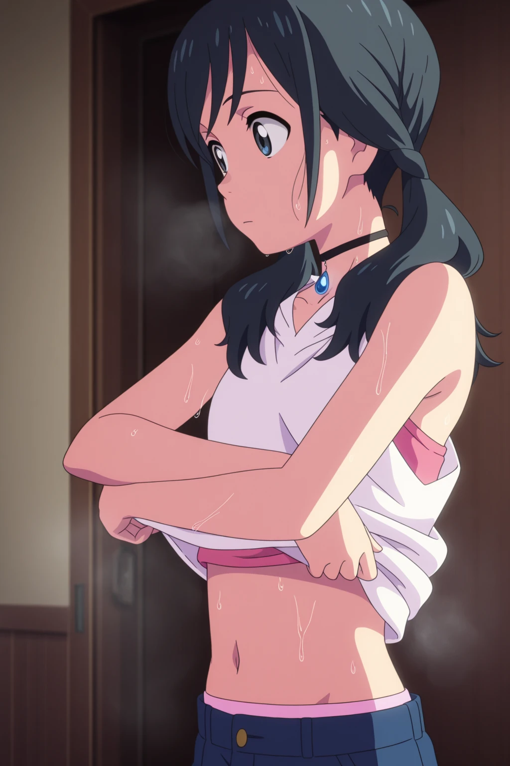 an anime girl with red eyes, long black hair with pink strands with small hair bow with small blue and yellow cubes decoration on the bow, on the right side of the head. She is wearing a white sleeveless blouse and is in her white panties looking out the window, lifting her blouse so that her panties can be seen well
