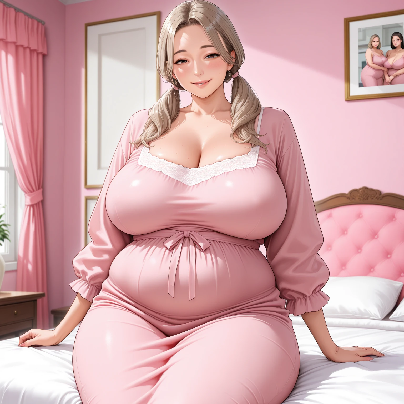 Woman((20year old)), hair((long, wavy, blonde)), eyes((blue)), clothes((white shirts, pink skirt)), diamond necklace, bracelet, earrings, hair clip, gigantic , large breast, (huge pregnant), smiling, korean make-up look, office,