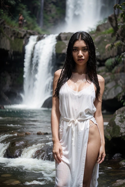 ultra detailed, photorealistic, 8k, high quality, photograph of a young adult woman, ((walking in a tropical forest lagoon)), waterfall, ((((full body)))), hips, elegant pose, looking at camera, wet white maxi dress, soaking wet, wet dark brown hair, subtle makeup, brown eyes, Latina, Vanessa Hudgens, cleft chin, deep tan skin, ultra detailed skin, glow, sweat, (sunlight, sunshine, sunbeam), seductive smile, high detailed face, eyes in sharp focus, high quality face, female hands, natural nails, delicate fingers, hand model, elegant gesture, perfect hands, accurate hands,