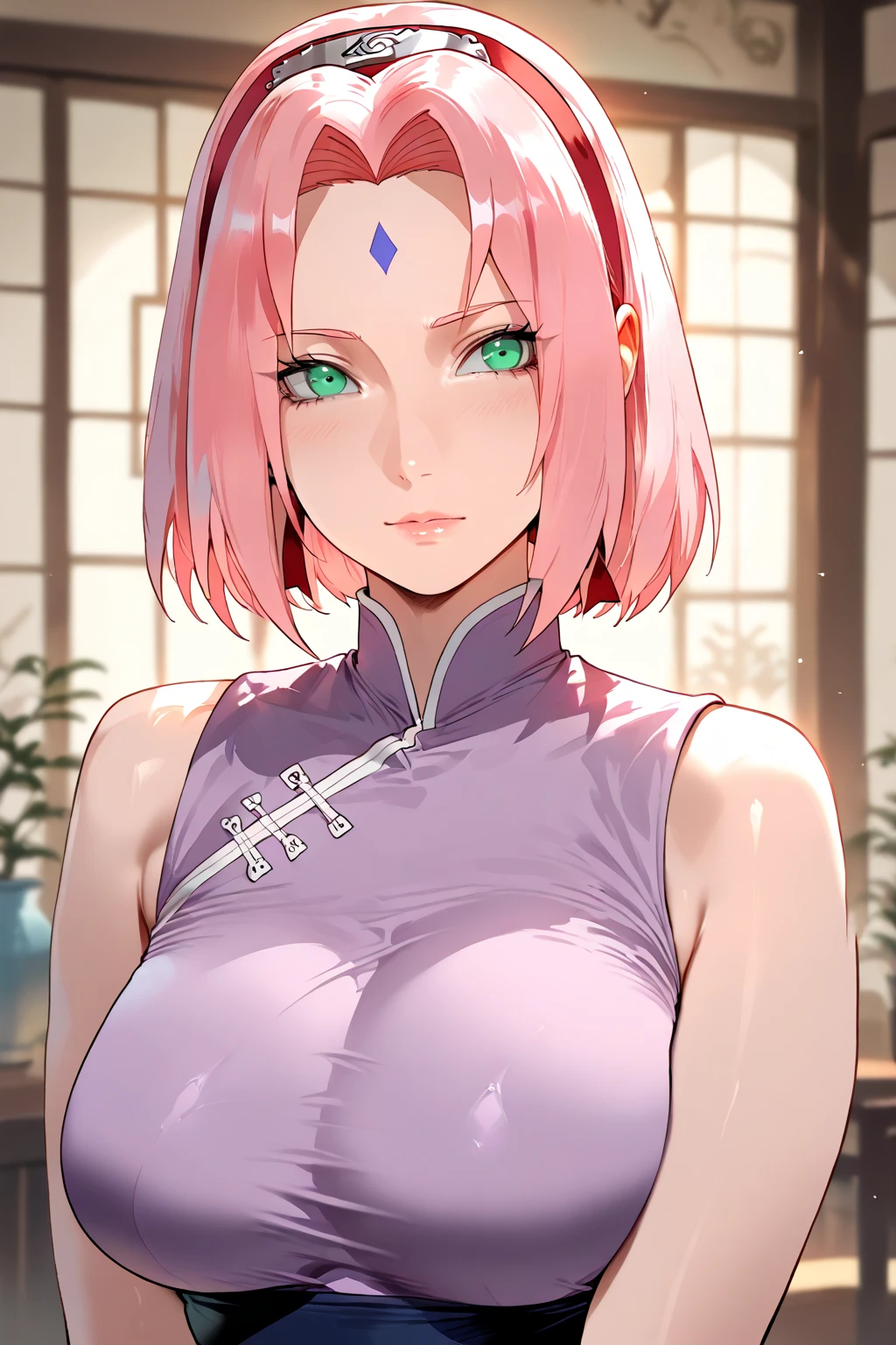1womanl, sakura\(boruto\), (tmasterpiece: 1.3),Beautiful mature Japanese woman, detailed finger, beautiful hand, hyper realisitc, 1womanl, (Sagging breastewitching body: 1.2) pink color hair: 1.1, Super detailed face, Detailed lips, Detailed Green eyes, 二重まぶた, Sexy low-cut neckline kimono, Open neckline, Sagging chest, Side posture, visible curveull body1:1,sexy big breasts exposed,seductiv,seduce,Bare pubic hair,climaxing