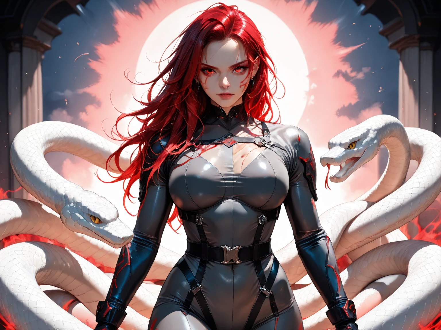 womans super villain, veins visible in the face, red eyes, detaleid facem using chains power, snake power, meduza, beautiful, sexy, psycho , lesbian