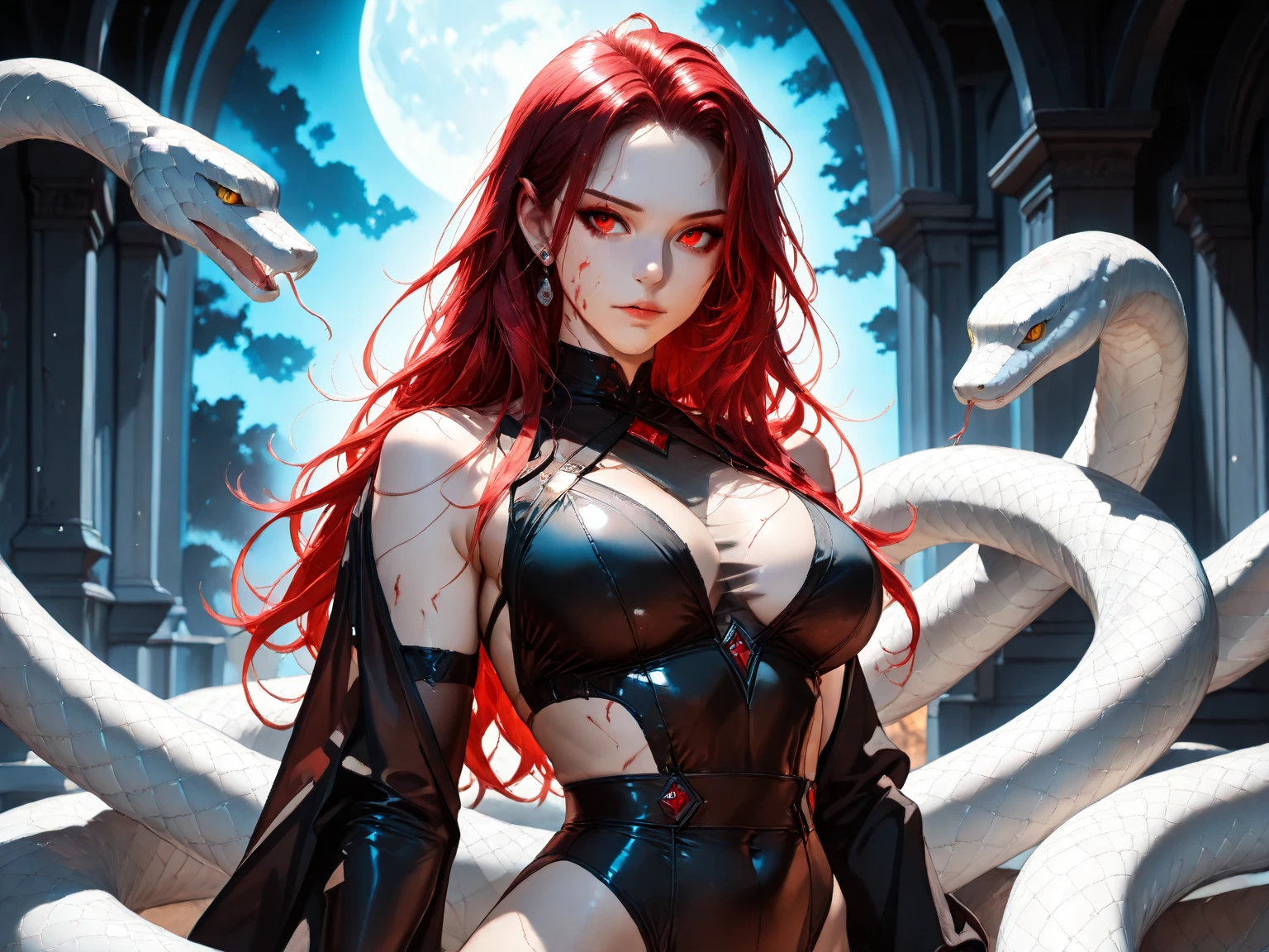 portrait shot, ((blood vivid red hair)), mature woman, 30 years old, diamond face, moonlight, red starry sky background, depth of field, magic, big red lips, ((dark black eyes)) black and red long and full dress, covered chest, mystical atmosphere, ominous shadows, Intense blue aura, Intense red aura (best quality:1.2), absurdres, intricate details, (highly detailed skin:1.2), smile expression, posing, taut and well defined body, attractive. Highly realistic, pale skin, beautiful, hyperrealism, skin very elaborated, direct gaze