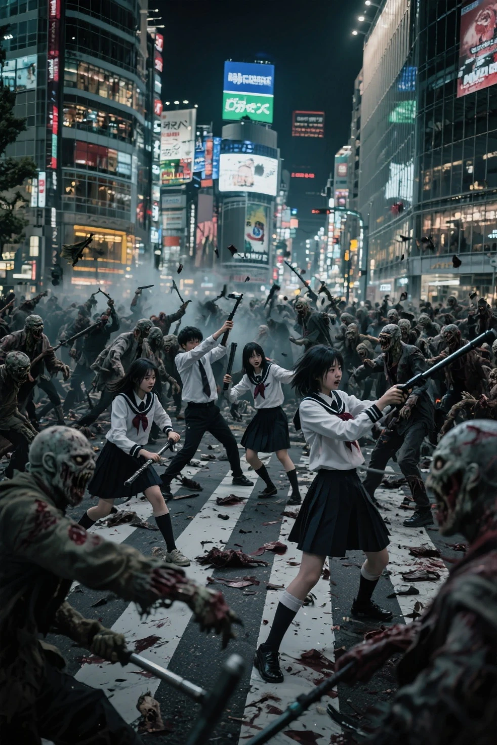 Some nerdy zombie girls wandering through the rubble of a school