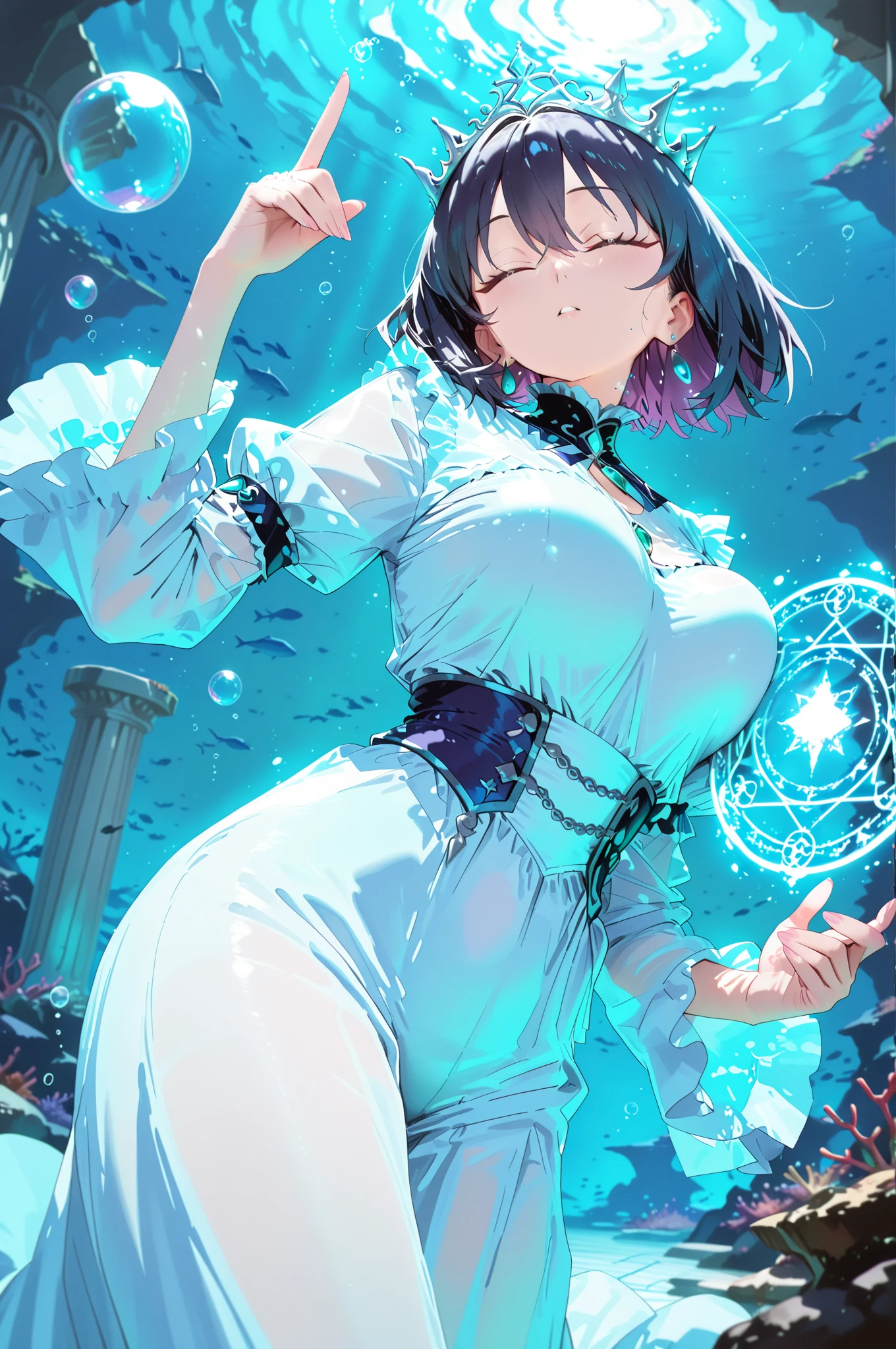 Fubuki from one punch man,with glowing eyes underwater with bubbles,full clothes, Sexy figure, large breasts, underwater, nu, Olhando para o Viewer, ((underwater)), ((cercado por bolhas)), ((Fischldef, Fischlein, Fischlrnd)), (olhos verdes), (Tapa-olho), nua com os seios lindos