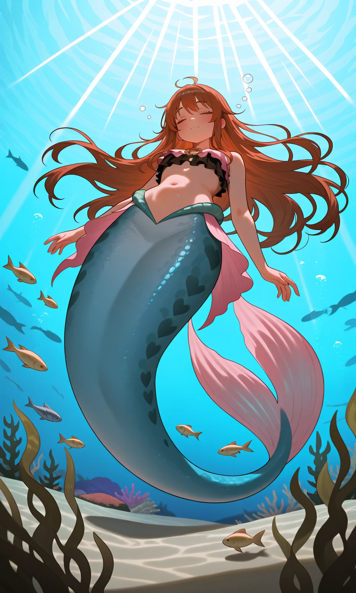 (best quality,4k,8k,highres,masterpiece:1.2),ultra-detailed, Pretty 15 years old princess magically transformed into a beautiful mermaid, race swap, fantastic transformation, none human, steampunk, fish like, wet body, surrounded by small bubbles, long and detailed mermaid tail with shimmering red fish scales, fins ears, drawn in anime style, very long pigtails red hair, sharp teeth, is smiling, pink eyes, small breast, long pelvic and dorsal fins, pair of fish gills on the torso, red seashells bra, starfish hair clips, pearl earrings and bracelets, pearl necklace, hair ribbons, gold tiara, ocean depths, swimming underwater, joyful expression, playful mermaid poses, sparkling water, water reflections, ethereal atmosphere, subtle glow, whimsical and enchanting, checking her new body, underwater world, colorful coral reef, magical underwater lighting, vivid colors, breathing underwater, endless ocean depths, sunlight filtering through the water, Highly detailed, masterpiece, high quality, 4K.