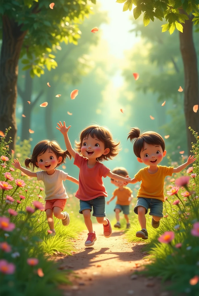 Picture of spring with flowers blooming greenery and kids playing