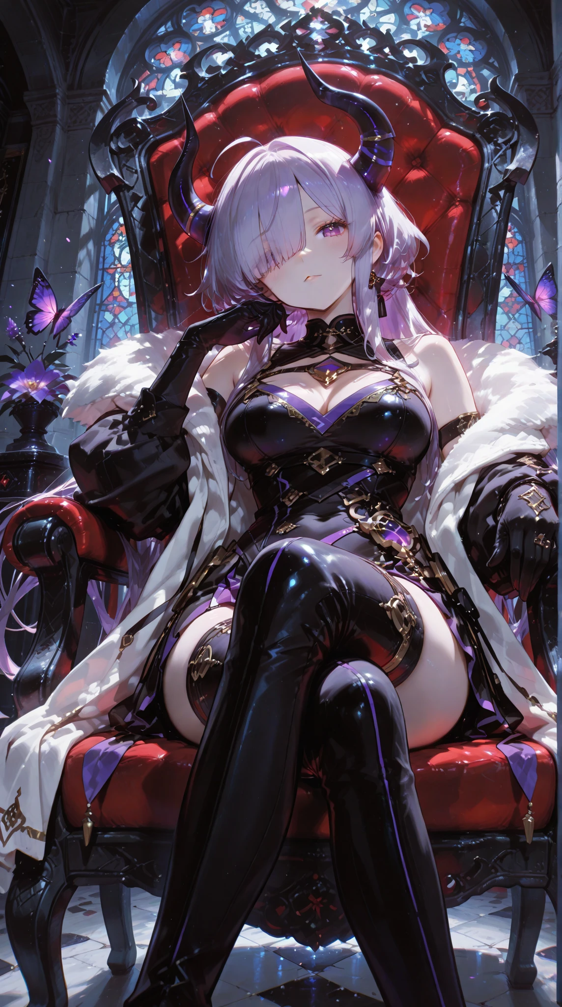 (Golden ratio:1.2),[(Black background:1.4)::10],(Masterpiece), (Best quality), (Ultra detailed),(Disheveled hair),(illustration),(1girll:1.2),Solo,full bodyesbian,(Lori huge breasts cleavage),White hair,Red eyes,Small breasts,Small butt,A red diamond-shaped gemstone is set on the chest,(peach ass),(Magic Girl:1.2),(Jacket with lots of pink ribbons:1.3)+(Behind him, a huge eye demon is watching the viewer:1.3)+(Miniskirt with lots of lace:1.2),(child body:1.2),Holding a gemstone in his hand,(sitting on an royal throne:1.2)+(Fantastic magic array:1.3)+[(Inception:1.2)]