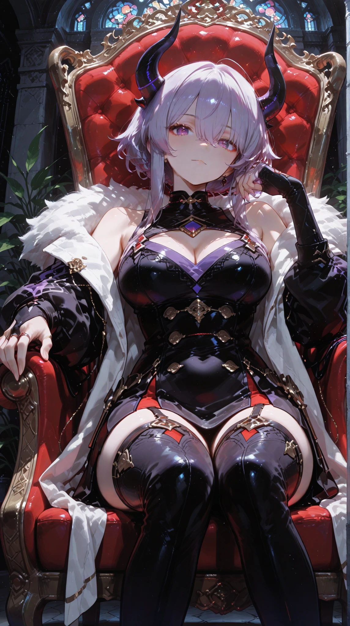 ((highest quality)), ((masterpiece)), (detailed), （Perfect Face）、The woman is an Extia Chevalier with long silver hair in a ponytail.、She has red eyes, a gorgeous black long slit see-through dress that shows off her skin, a see-through cape with fur, a jeweled necklace, a tiara, earrings, a head dress-up chain, a waist chain, bracelets, anklet, etc.々She wears lavish jewelry and shiny black boots.