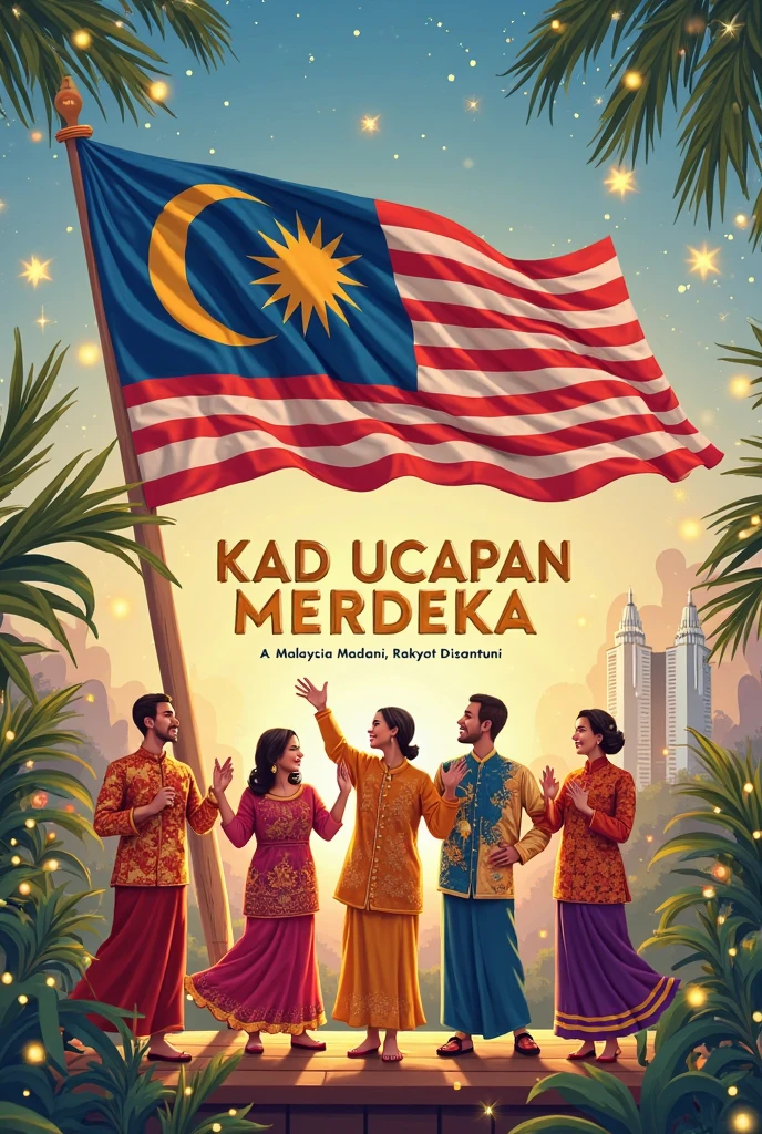 Create a poster about Malaysia independence day. Write "Malaysia Madani" and "Jiwa Merdeka" in the poster. Create it in vintage style.