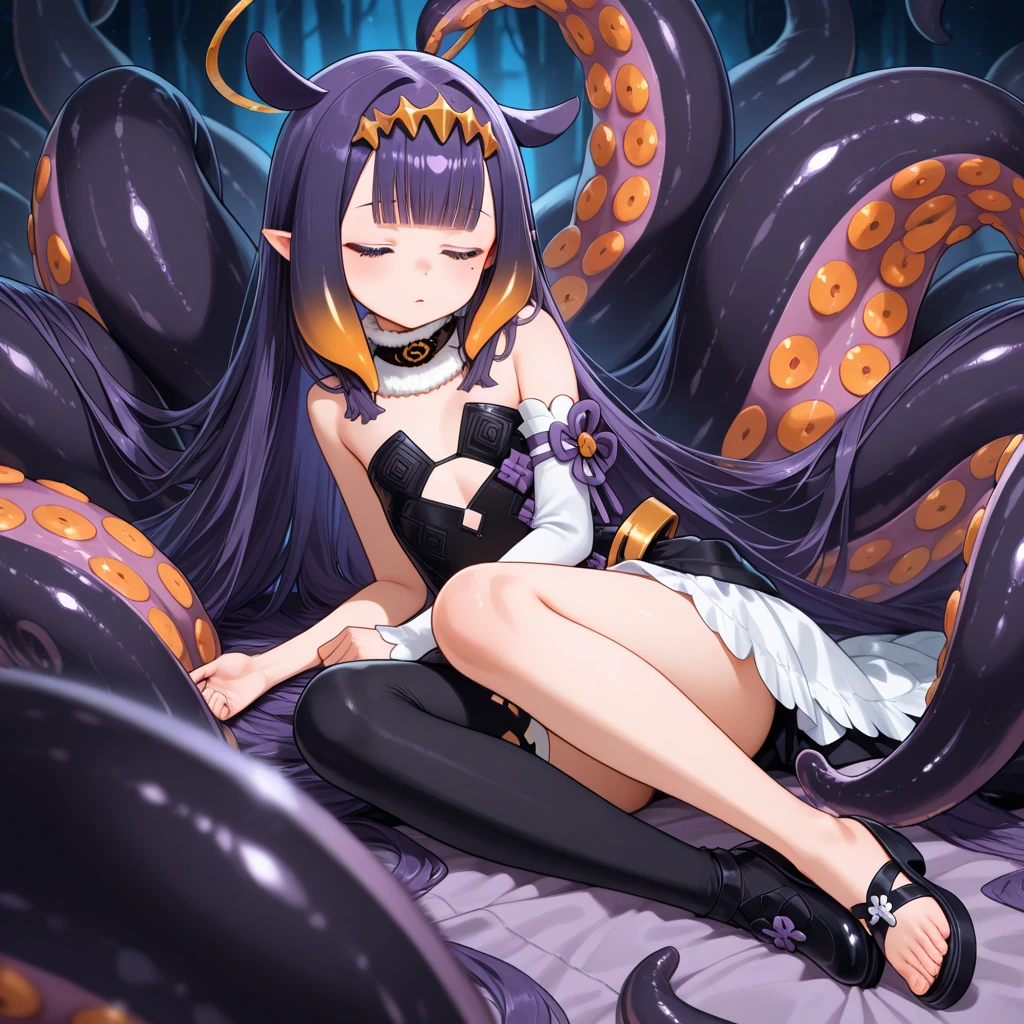 score_9,score_8_up,score_7_,score_6_up,score_5_up,score_4_up,source_anime,masterpiece BREAK 1girl,solo,<lora:spgbfGalleonXL:0.8>,galleondef,horns,closed eyes,dress,white gloves,frills,detached sleeves,frilled sleeves,thighhighs,thigh strap,pelvic curtain,(large breasts:1.2),cold sweat,angry,blush,orange juice,spill,[(bukkake, gangbang,tentacles:1.2):0:0.4],lying,bound arms by tentacles,bound legs by tentacles,