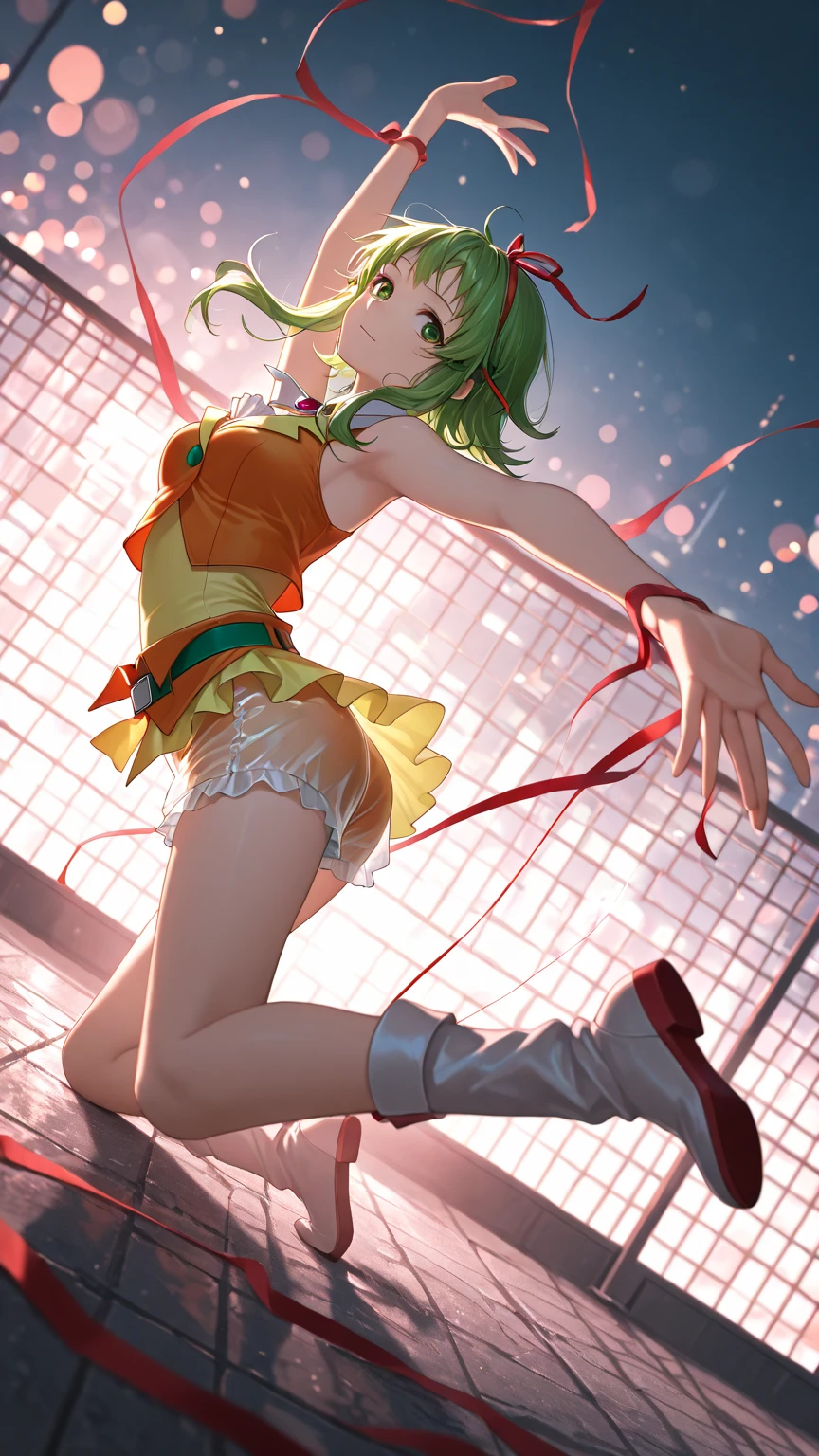 (Masterpiece), Best Quality, ultra-detailed, 1girl(zodiac_mallow , lovely small breasts, dark skin , green hair, long hair, twintails, headband, pink flower in hair, green eyes, half-closed  eyes) , wicked smile, solo,   head tilt, , t-shirts(loose,wet, see-through) , white  panty , outdoor, forest, night time, warm  lighting, campfire, tent, dance, sexy dancing, seductive , from_below 