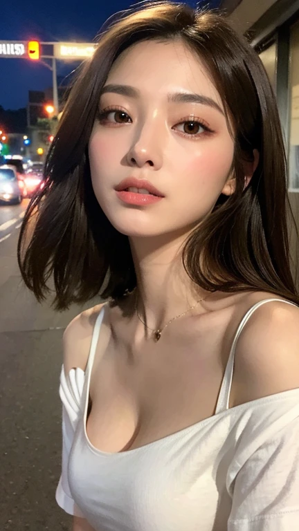 ((Best Quality, 8K, Masterpiece: 1.3)), Sharp: 1.2, Perfect Body Beauty: 1.4, Slim Abs: 1.2, ((Layered Hairstyle, Big Breasts: 1.2)), (Wet White Ragged Button Long Shirt: 1.1), Exposed Shoulders, (Rain, Street: 1.2), Wet: 1.5, Highly detailed face and skin texture, Detailed eyes, double eyelids, Side face looking at the camera