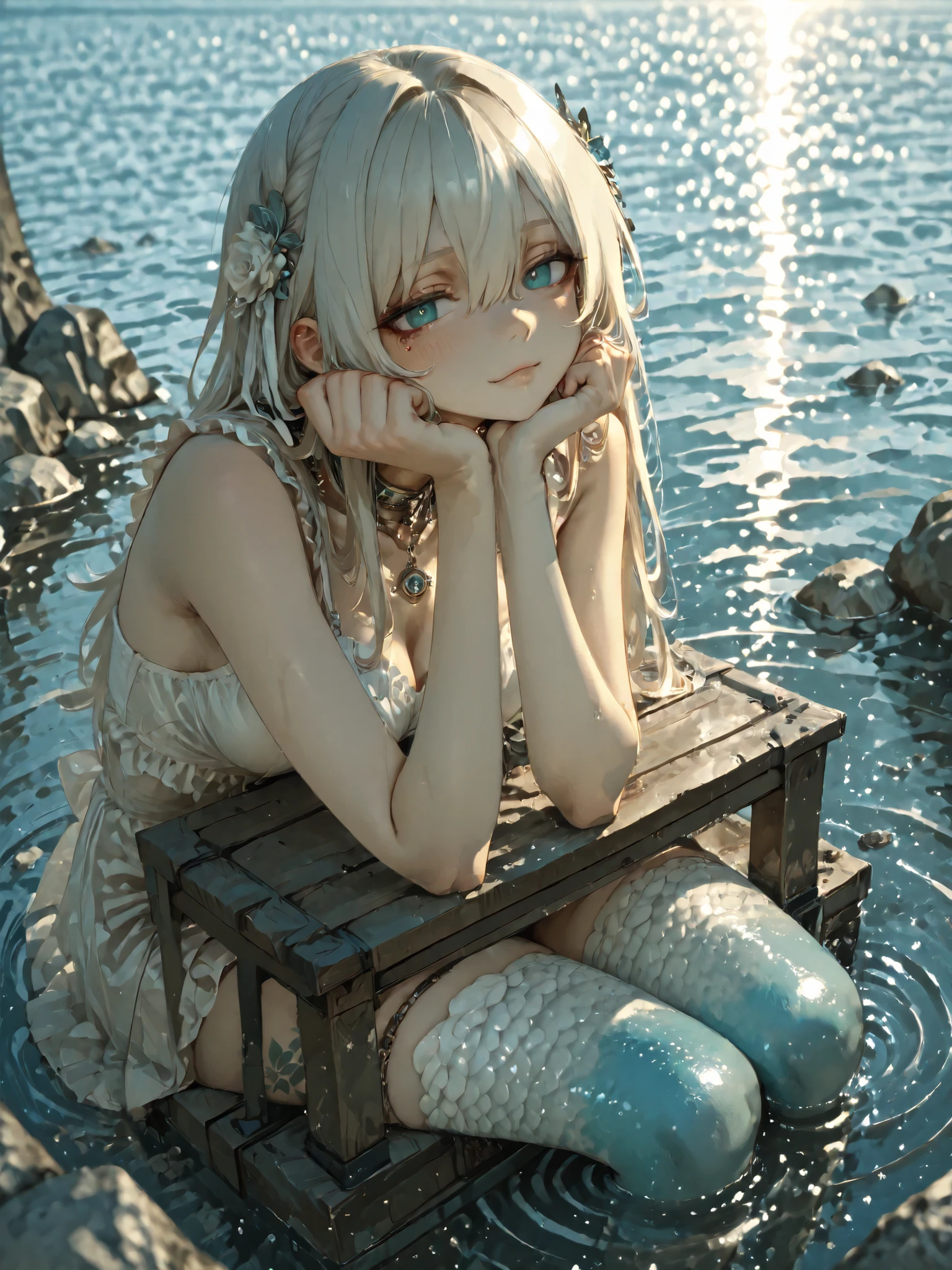 A cute mermaid sleeping под водой, seen снизу as her silhouette ripples through the sunlit sea surface. Her arms rest under her chin in a мечтательная поза, щёки слегка раздуты, и из её рта выходит мягкий пузырёк, как тихий храп. Окружена любопытными маленькими рыбками, наблюдающими за её сном. Её красочный чешуйчатый топ и плавник игриво мерцают в пятнистом свете. Прядки её длинных волос нежно колышутся вокруг неё, Ламинария запуталась в одном локоне. беззаботный, причудливая атмосфера.
(под водой, снизу, спящая русалка, нежные пузырьки, мечтательная поза, мелкая рыба, мягкие солнечные лучи, парящие волосы, мерцающий хвост, юмористическое фэнтези, умиротворенное выражение, игривые детали, причудливый тон, рассеянный свет)