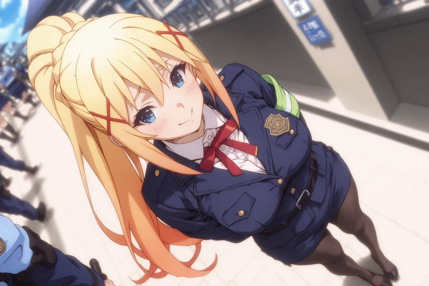 marysaotome, <lora:mary saotome s2-lora-nochekaiser:1>,
mary saotome, long hair, blonde hair, hair between eyes, twintails, (brown eyes:1.3), hair ribbon,
BREAK skirt, shirt, school uniform, jacket, white shirt, pleated skirt, collared shirt, black skirt, blazer, (red jacket:1.5),
BREAK indoors, classroom,
BREAK looking at viewer, (cowboy shot:1.5),
BREAK <lyco:GoodHands-beta2:1>, (masterpiece:1.2), best quality, high resolution, unity 8k wallpaper, (illustration:0.8), (beautiful detailed eyes:1.6), extremely detailed face, perfect lighting, extremely detailed CG, (perfect hands, perfect anatomy),