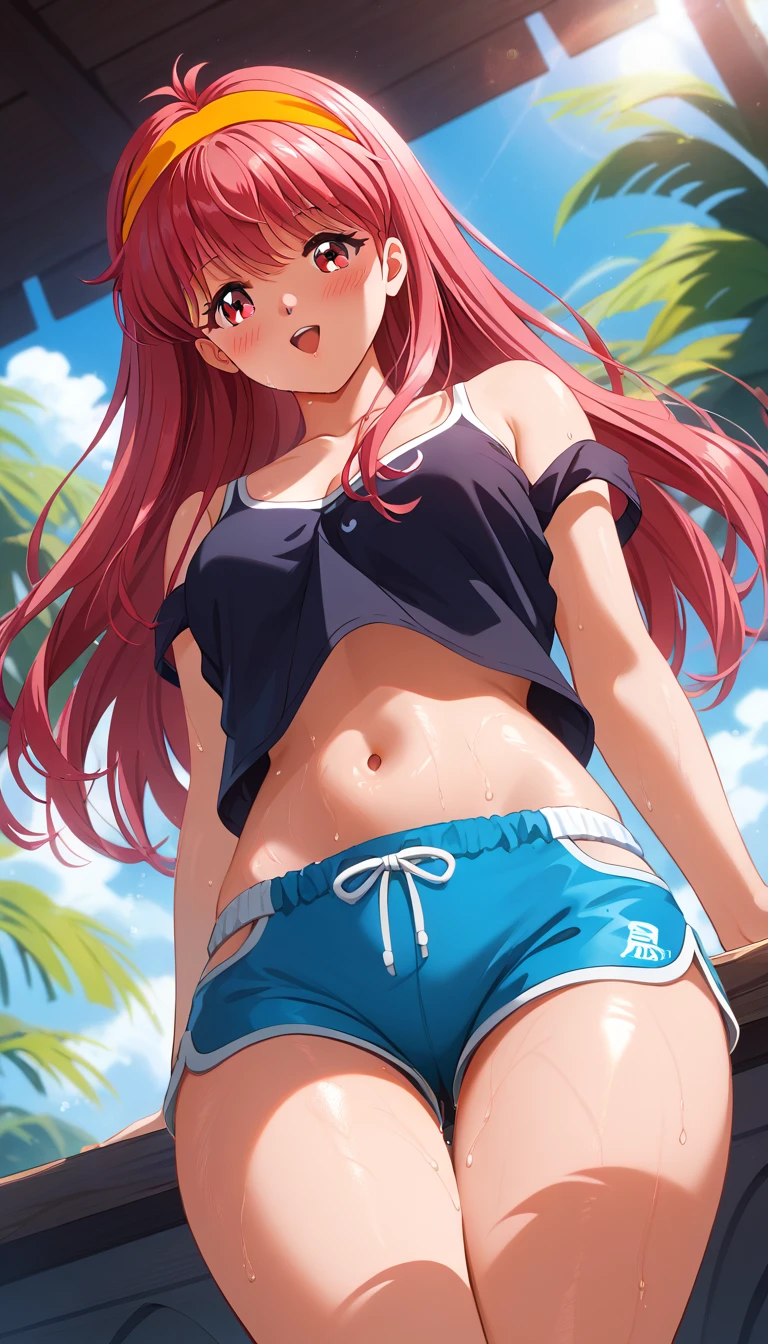 ((female)), (very messy hair), (sorriso feliz), Barragens, ((abdominais rasgados)), Toned arms and legs, peitos pequenos, Suor excessiva, (Summer beach scenery), olhos bem azuis, standingn, barefoot, ((Boxer Pose))