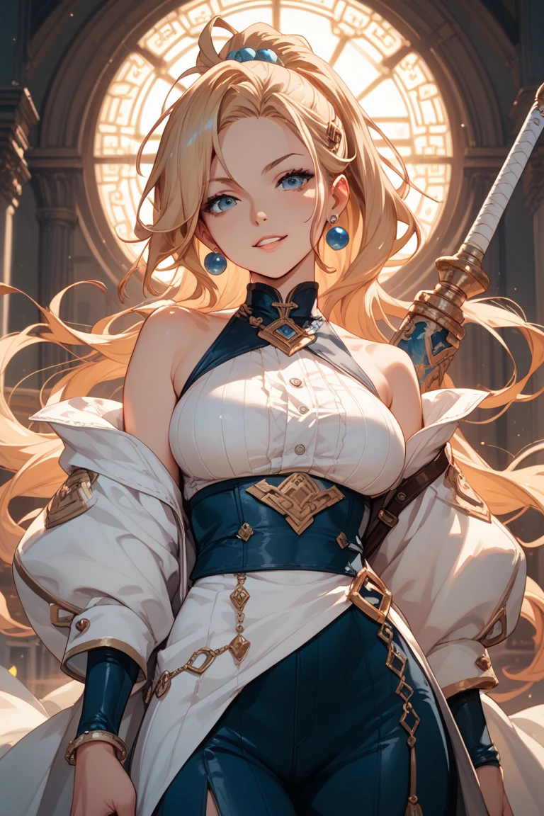 1 young beautiful woman,(Highest quality,Extremely detailed depiction,Incredibly absurd high resolution,Anatomically accurate depiction,Curvy Legs),(Glowing Skin,Shiny skin),(A female swordsman with a noble air),(A noble outfit,Holy sword,tiara,Cape,White tights),(Blue Eyes,Detailed pupil,Half-closed eyes:1.3,Shadowed face,lipstick,There is cleavage in the chest,Cool look),eyelash,Luxury accessories,Earrings,necklace,Bracelet,Standing posture