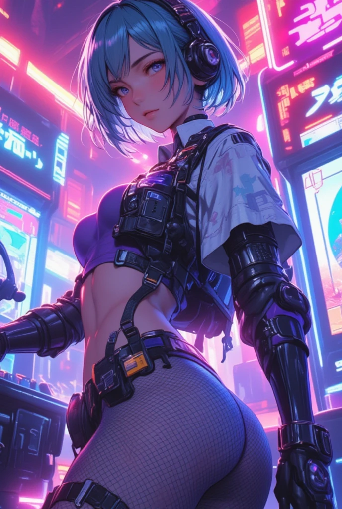 ((1 girl:1.3))、absurdres, ultra-detailliert, digitial illustration, Meticulously drawn hair, Meticulously drawn eye, Glossy realistic skin texture、Smooth texture、shiny skin、Sexy body, appearance Splash paint background in colors, ((cyberpunk:1.3)), ((dynamism posing:1.3))、slant eyes、((latex pants:1.2)),、((crop top navel:1.2))、((torn clothes:1.2))、((cleavage:1.2))、((highleg:1.3))、((huge hip:1.3))、Sharp Focus, draw the full body