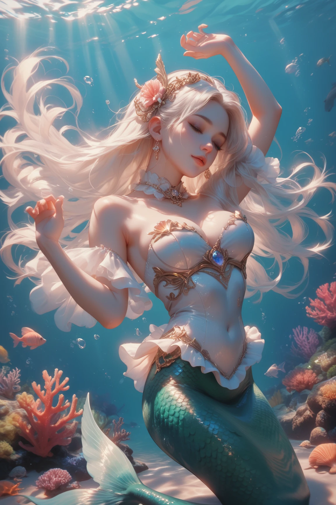 high quality, detailed, 1girl, underwater, skeleton, corpse, very pale skin, large breasts, Underwater, where coral tendrils and vines abound, a girl (mermaid) looks at you among a pile of bones and skulls. Her eyes glow with an eerie light.