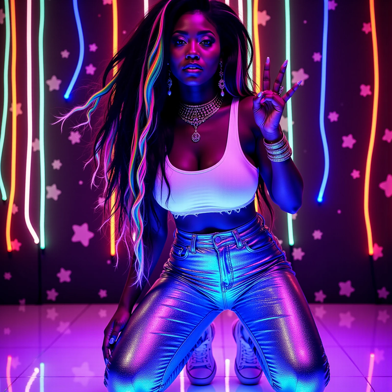 1girl, in laboratory, (18 years old), (Latina), dark skin, wide shot, long wavy hair, orgasm, (floral sun dress), (Masterpiece, Professional lighting, 16k, 8k wallpaper, raw photo, photorealistic:1.8, ultra detailed, natural lighting, detailed skin sexy pose, open mouth, big lips, night time, eyes closed, magic energy, neon light