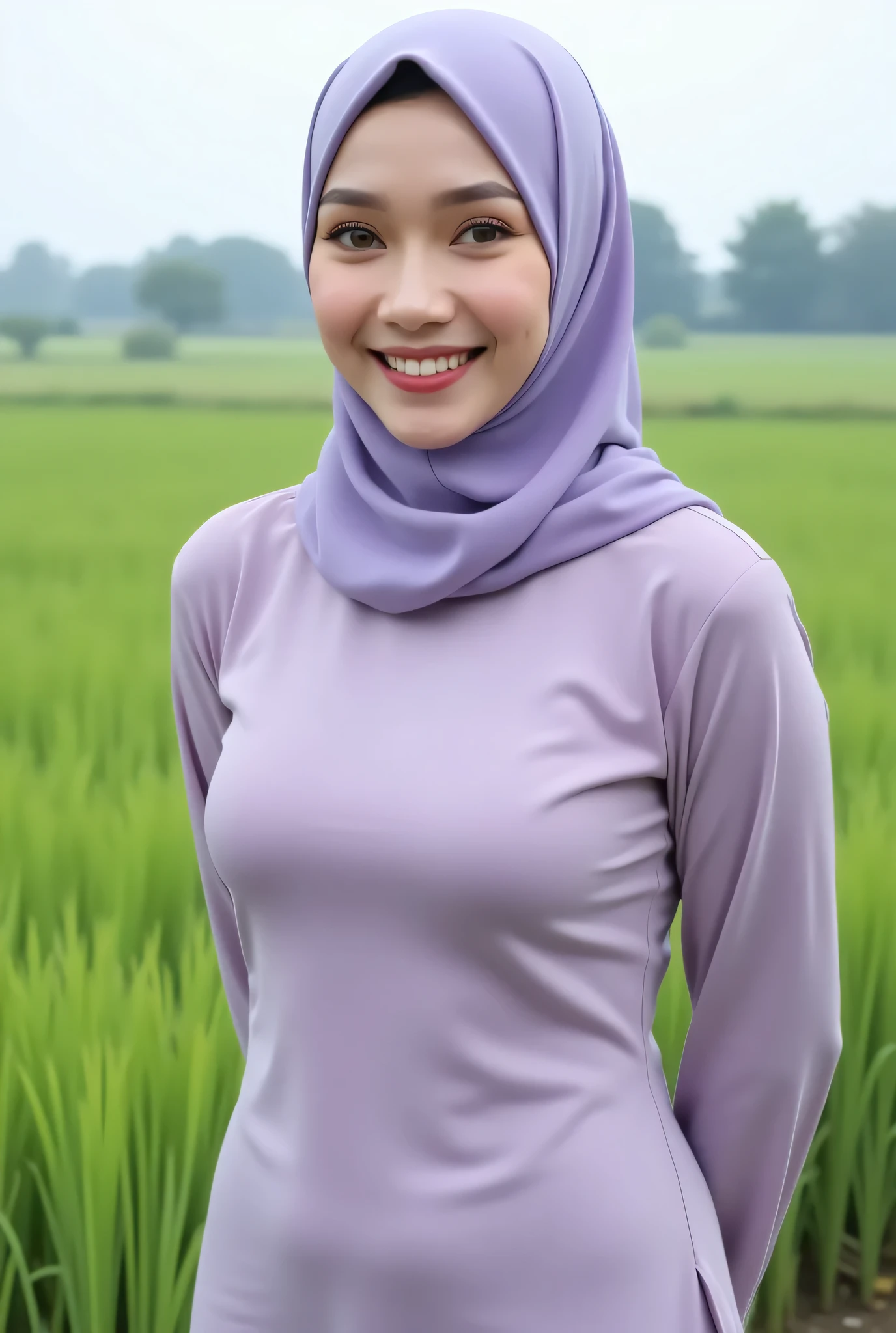 wear translucent (periwinkle) PALAZZO closed my center , (pastel translucent  periwinkle strapless), BOTH HANDS PLACED BEHIND THE BACK,  Large sagging breasts, (Saggy Breasts:3.24),  Skinny pink hijab skinny hijab skinny hijab skinny hijab, ( photorealistic :1.6) Indonesian hijab skinny dry aunty wear bra and background rice paddy. daytime atmosphere, (Spread wide legs:3.33), my face is so happy , wearing hand sleeve , medium stomach 