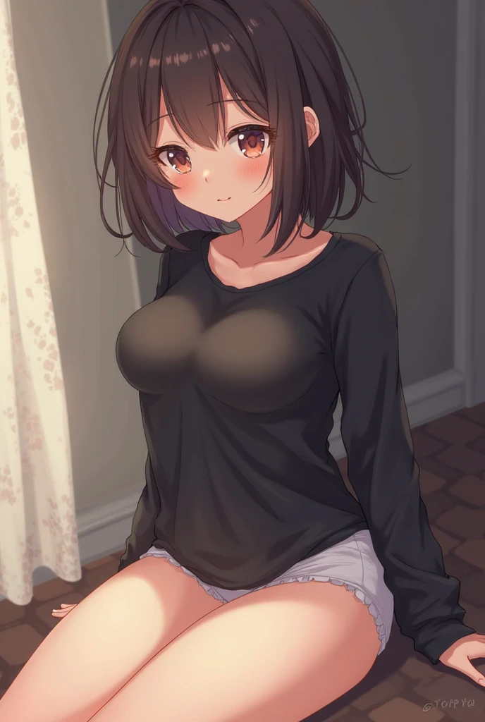nsfw,hair dark brown 1;4,Left wink,In pain,Black sweater,{{high quality bra}},I'm scared,Abandoned school building at night,Sitting on the ground,{{beautiful large and medium size breasts 1:4}}, {{schoolgirl}}, black pleated skirt, top quality, From Below, cute girl, High quality background, slanted eyes, detailed shirt chest wrinkles, {{{high school girl}}}, BREAK, {{beautiful blue eye1:4}}, BREAK, five fingers