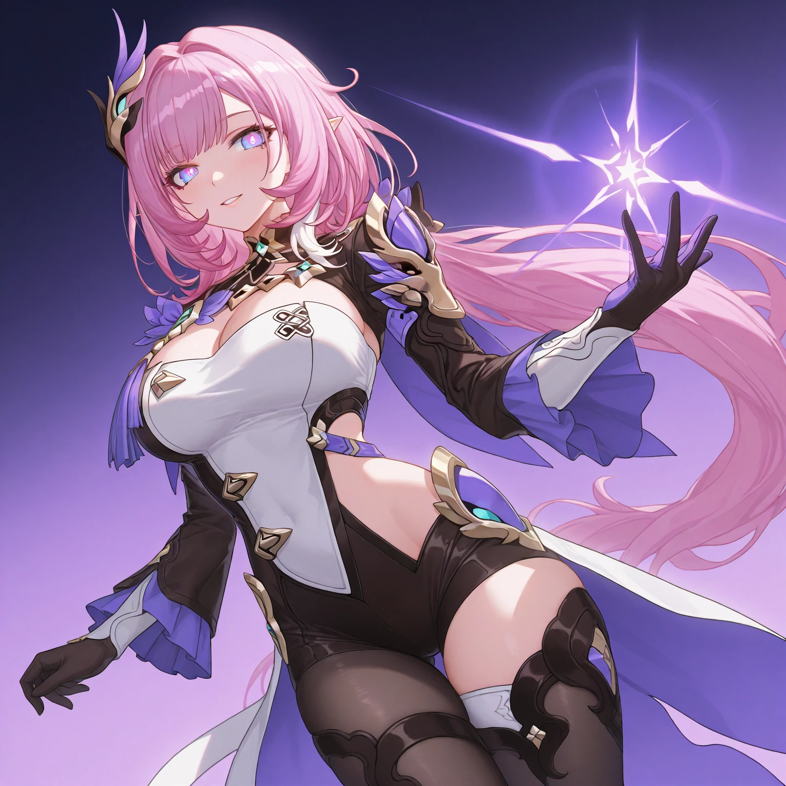 masterpiece,best quality,highres,cinematic lighting,dramatic angle,1girl,<lora:ShadowverseShowdownDemonV1-000019:0.8:lbw=forte>,pink hair,horns,blue skin, yellow eyes,white leotard,detached sleeves,wide sleeves,bare shoulders,gloves,casino,:3,happy,blush,looking at viewer,detached collar,bowtie,ribbon,tail,jewelry,wings,straight-on,chair,small breasts,pantyhose,thigh strap,portrait,(bent over:1.25),whispering,one hand on own cheek,one hand on own hip,straight-on,(spoken heart:1.25),across table,pov across table,table,:d
