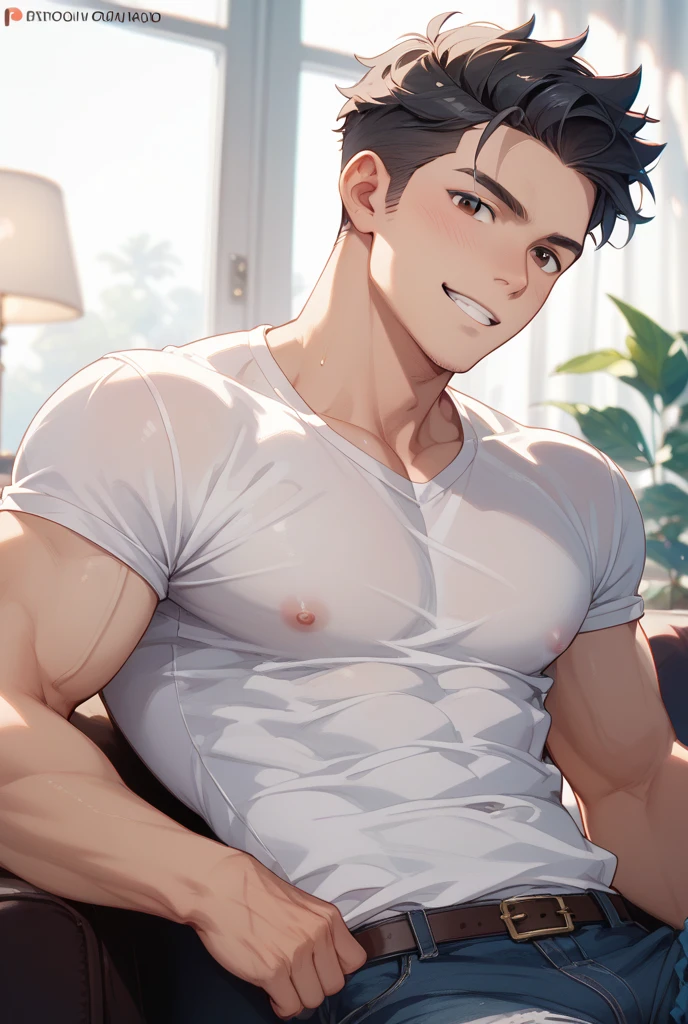 best quality, masterpiece, handsome polynesian man, tan skin, wavy dark hair, round eyes, transparent white string thong, sitting in a large crushed birthday cake, messy icing and frosting on face and body, bulge, sexy, gay, homoerotic, perfection, no watermark, no logo, no signature