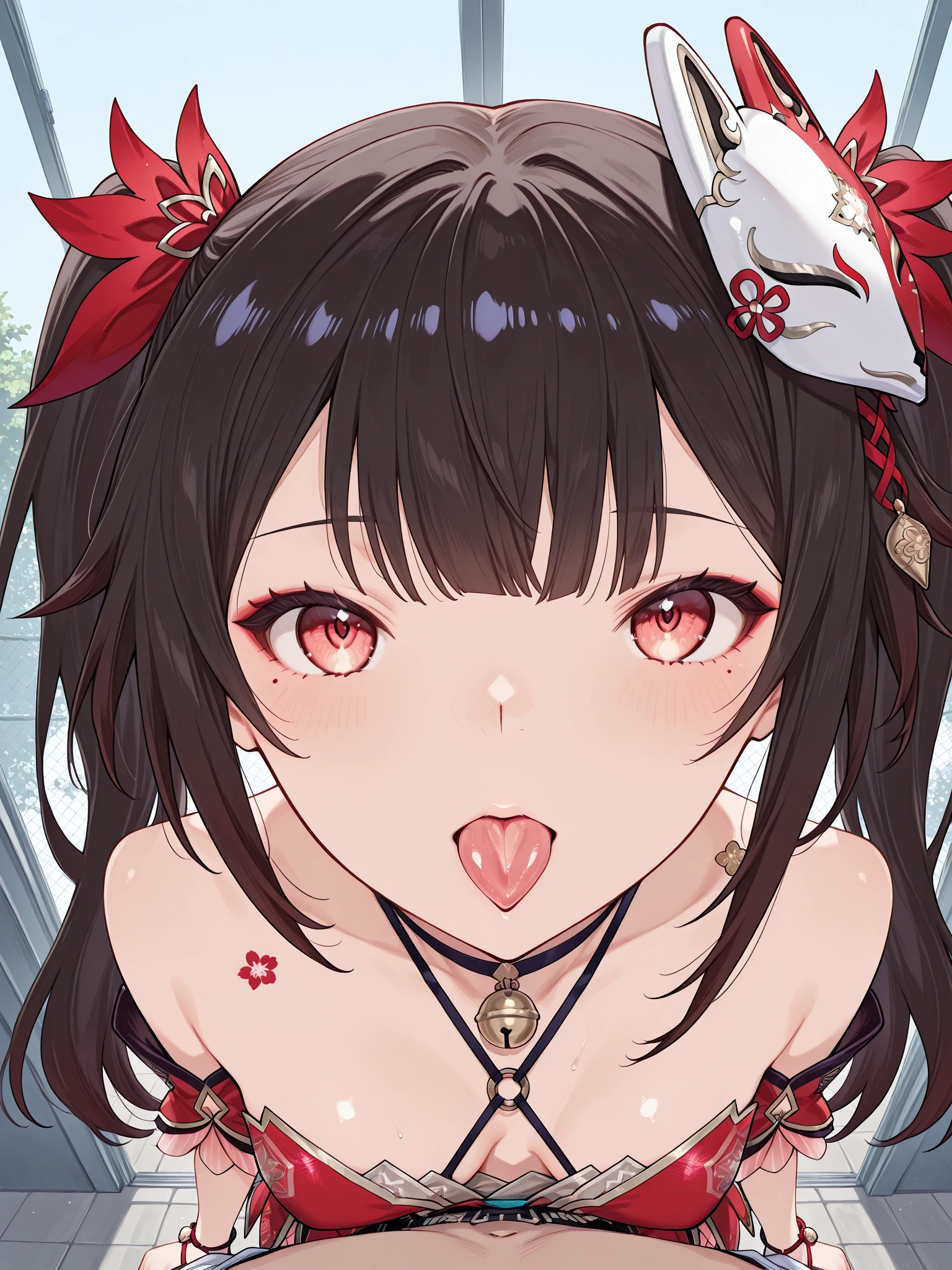 black hair, long hair, messy hair, maid headdress, ribbon, forehead protector, kanzashi, bead necklace, rolling eyes, streaming tears, kemonomimi mode, drunk, saliva, tongue out, unconscious, ear blush, holding breath, full blush, heart in eye, heavy breathing, moaning, drooling, spit take, ahegao, torogao, naughty face, naughty, saliva trail, oral invitation, anime style, Verism, stereogram, cinematic lighting, sparkle, 135mm, character chart, anatomically correct, textured skin, high details, highres, best quality --auto --s2