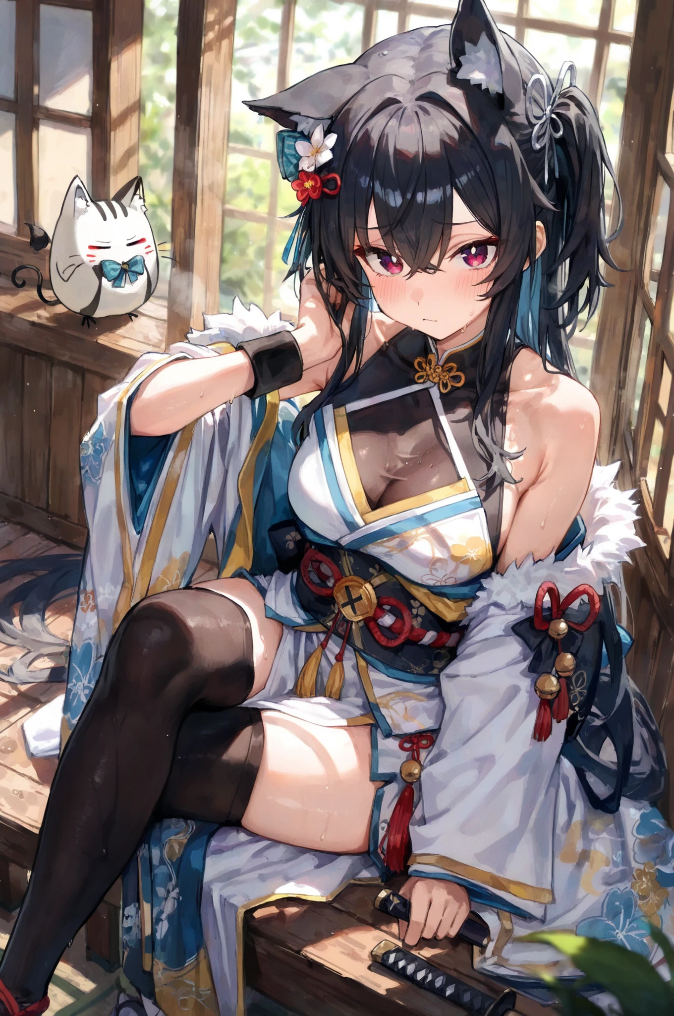 kii \(azur lane\); fox ears; ponytail; open clothes; open kimono;  1girl; older female; anime style of a mature woman standing by the doorway of the bedroom; bedroom; doorway; door; long hair; blue hair; large breasts; cleavage; shaped breasts; view from below; lower POV; slight tanned skin; beautiful faces and eyes; red lips; blue eyes; detailed eyes; smiling; smile; flaunt breasts and cleavage and thighs; beautiful hands; detailed hands and fingers; sweaty and chubby; thick thighs; shaped thighs; black stockings; pantyhose; barefoot; beautiful feet and toes; detailed feet; detailed toes; from Azur Lane; azur lane style; looking at viewer; seductive anime girl; seductive look; sexy pose; full body; (full body shot:1.1); beautiful detailed eyes; beautiful detailed girl; curvy:1.1; dynamic pose; perfect eyes; perfect face; perfect retina; perfect hands; perfect fingers; perfect feet; perfect toes; ultra detail face; ultra detail hair; very detailed eyes and face; ambient occlusion; cinematic lighting; field of view; fluid motion; harmony; interconnected elements; movie lighting; photorealistic lighting; realistic shadows; (vibrant colors:1.05); vivid lighting; warm and cool color palette; (nsfw) Not Safe For Work; amazing; solo; trending on artstation pixiv; 8k wallpaper; best quality; CG; detailed painting; fine detail; (High Quality:1.4); high resolution; huge file size; illustration; Intricate Details; masterpiece; (photorealistic:1.4); professional artwork; (raw photo:1.2); reflective art; sharp focus; super detailed; unified; very detailed; extremely detailed artgerm; 
 NSFW; footjob; boobjob; tittyjob; assjob; exposed nipples; exposed genitals;
