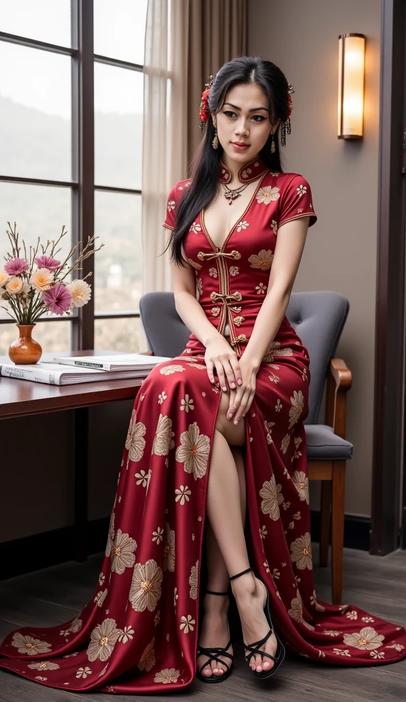 masterpiece, best quality, extremely detailed, hyperrealistic, photorealistic, a beautiful 20s chinese model, ultra detailed face:1.2, full body shot:1.1, black hair, red dress, standing
