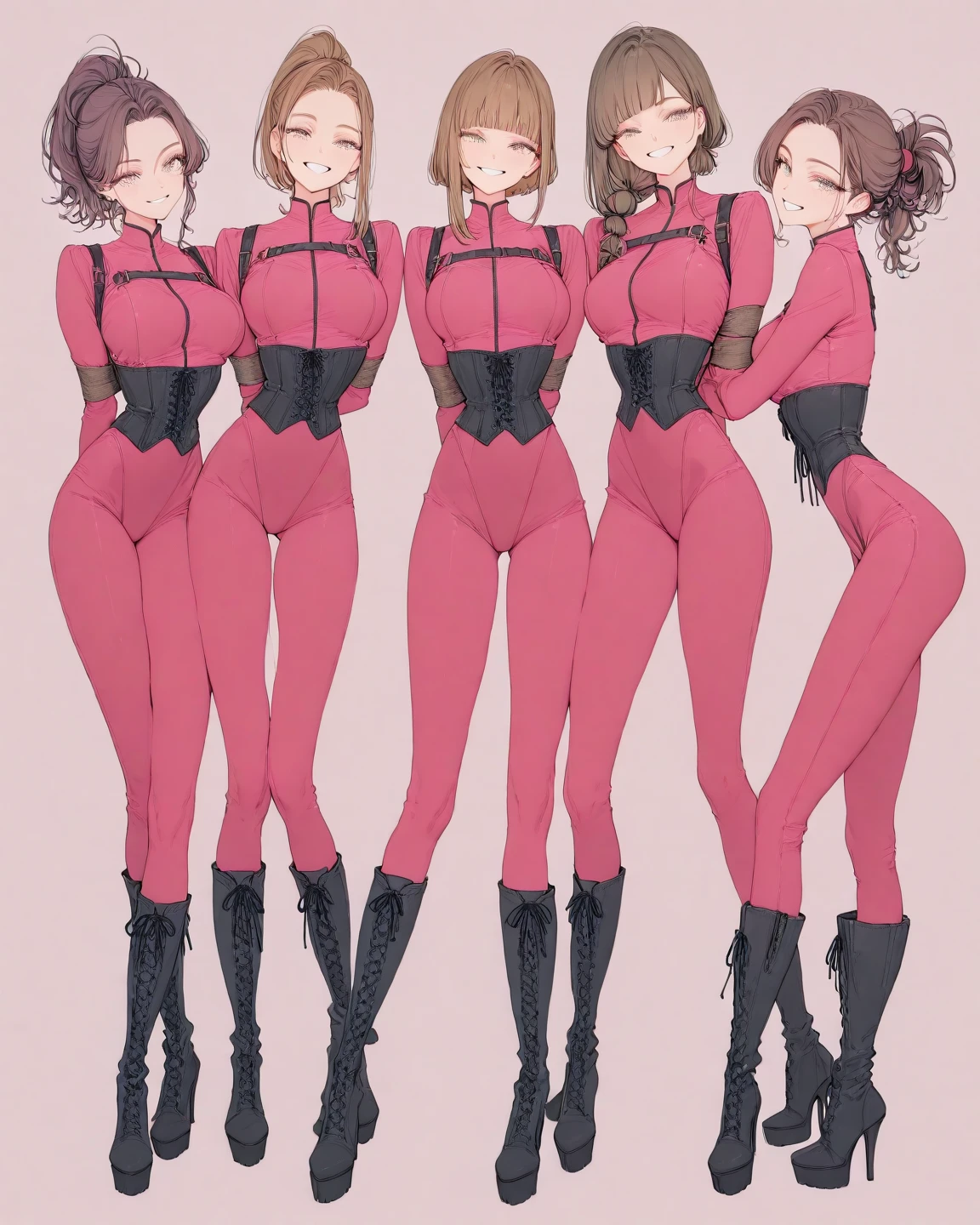 perfect anime illustration, multiple girls, teenage girls, clones, identical sisters, crowded, brown hair, curly hair, long hair, matching hairstyle, hazel eyes, smiling, pink bodysuits, skintight bodysuits, heeled boots, knee high boots, matching outfits, highres, full body, group picture