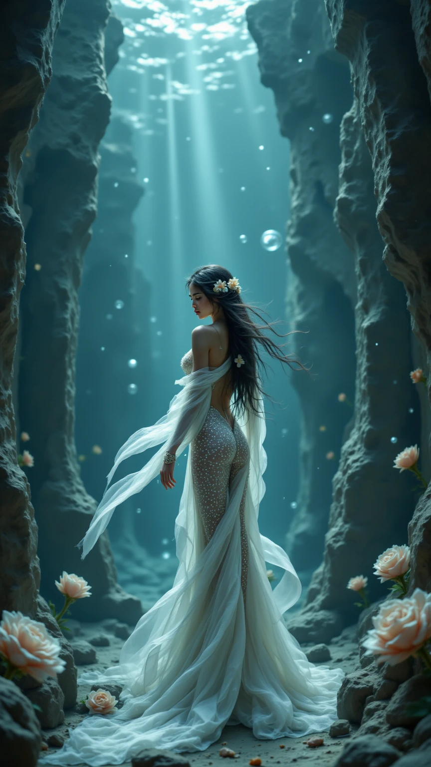 (((Otohime)))、young woman、(Beauty)、Japanese、cute、1、Sexy open kimono and swimsuit、Background: Dragon Palace in the sea、(((seabed)))、(best quality,4K,8k,highres,masterpiece:1.2),ultra-detailed,(realistic,photorealistic,photo-realistic:1.37),HDR,uhd,studio lighting,ultra-fine painting,sharp focus,physically-based rendering,extreme detail description,professional,vivid colors,bokeh,cinematic lighting,dramatic shadow,