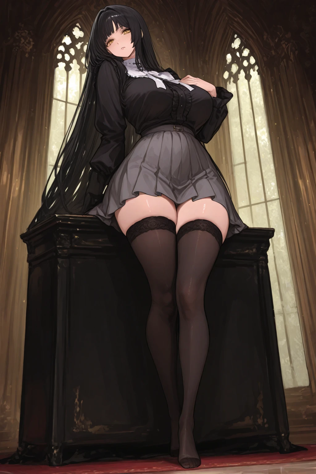 NSFW、(((Perfect human body)))、Composition seen from behind、inside in room、Accomplishment、eye glass、she wears a maid outfit、The skirt is flipped up、(((is standing)))、(((Having sex)))、Being attacked、(((spread your legs wide