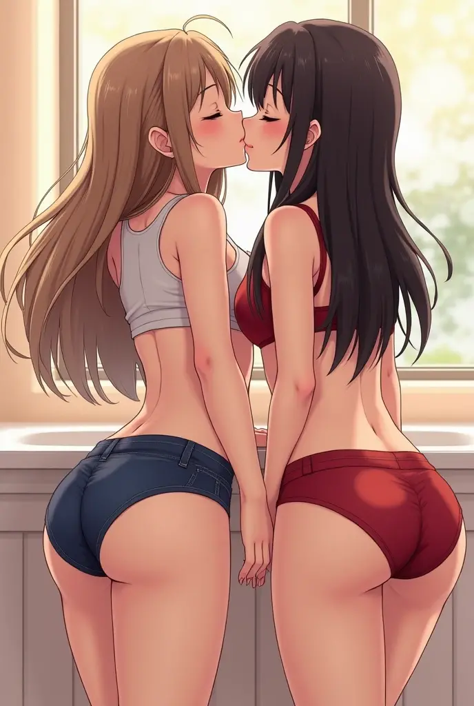 anime, 2 beautiful girl, on 4 legs, wearing bikini, D cups, 2 butt, thier butt facing us, 1 brown long hair, 1 blond elong hair, cats in bathtub, girls front of the bathtub