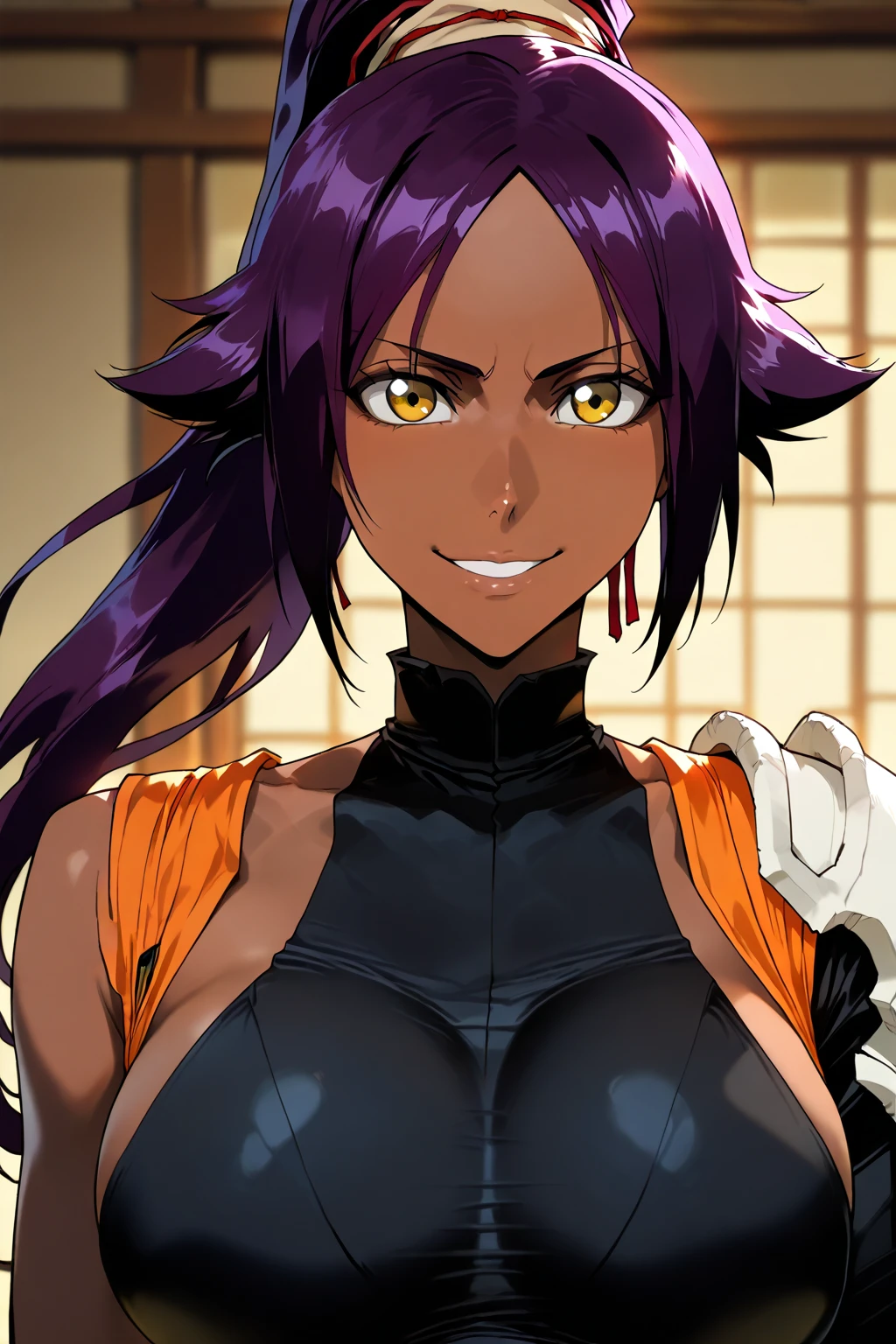 best quality , yoruichi,wearing battle kimono ,beautiful,gorgeous , highly detailed , unreal engine , octane render , slim and lean , detailed face, 8k high res ,slight smile, ray traced reflections, mature , 8k high res ,mildly muscular , extremely detailed eyes , masterpiece, (mj:0.2) ,yellow eyes ,in a beautiful lush garden ,medium breasts ,