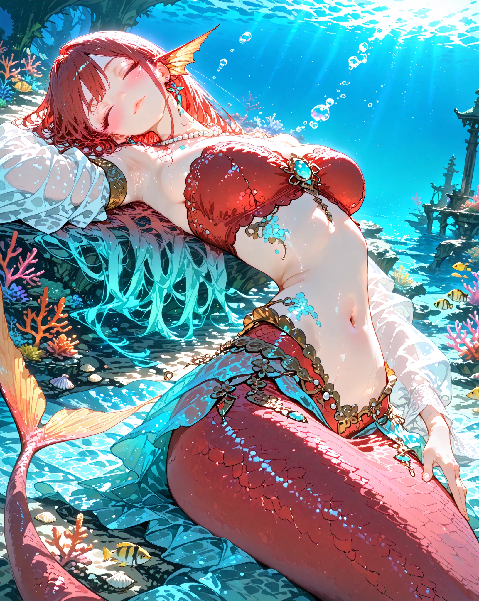 Anime girl. short orange hair. blueeyes. Wet skin. lingerie. Massive breasts. nipples. Laying on back. Vulva, vagina. Beach. Ocean. Water. Wet skin. Arms above head. Lamia. Snake tail. full body