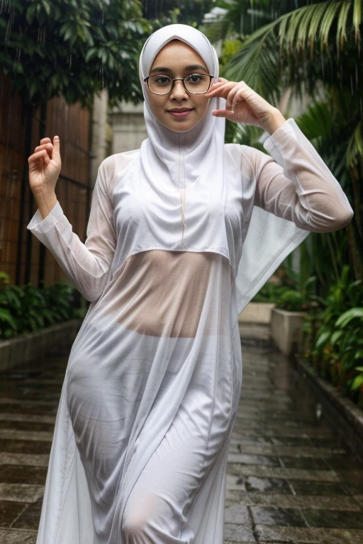 Young sweet beautiful Indonesian girl, 28 years old, slim body, georgeus face, beautiful small breasts, wearing white short hijab to  covering all her hairs, a young doctor in a hospital, a shy and humble girl, wearing white very thin  long sleeve doctor dress that covered to her chest and stomach, there is a red cross badge on her  pocket, wearing see through lace sporty bra, no panty, there is a stetoscope on her chest, wearing very wet white very thin  strict see through very transparent  short legging, wearing black woman shoes, realistic, very detail face, no cartoon, all good fingers have normal shape, normal legs shape, standing confidence at loby of the bogor city hospital in the sunny morning,  sun shining to her body,   nipples and breast are visible trough the clothes, sweat on all her skins, many sweat flowing on her redish face, enjoying her job, laughing cheerful, her nipples and hairy vagina visible through her clothes, her vagina exposed casted clearly through her trousers, back-side view, ense hairs under her stomach are visible, 