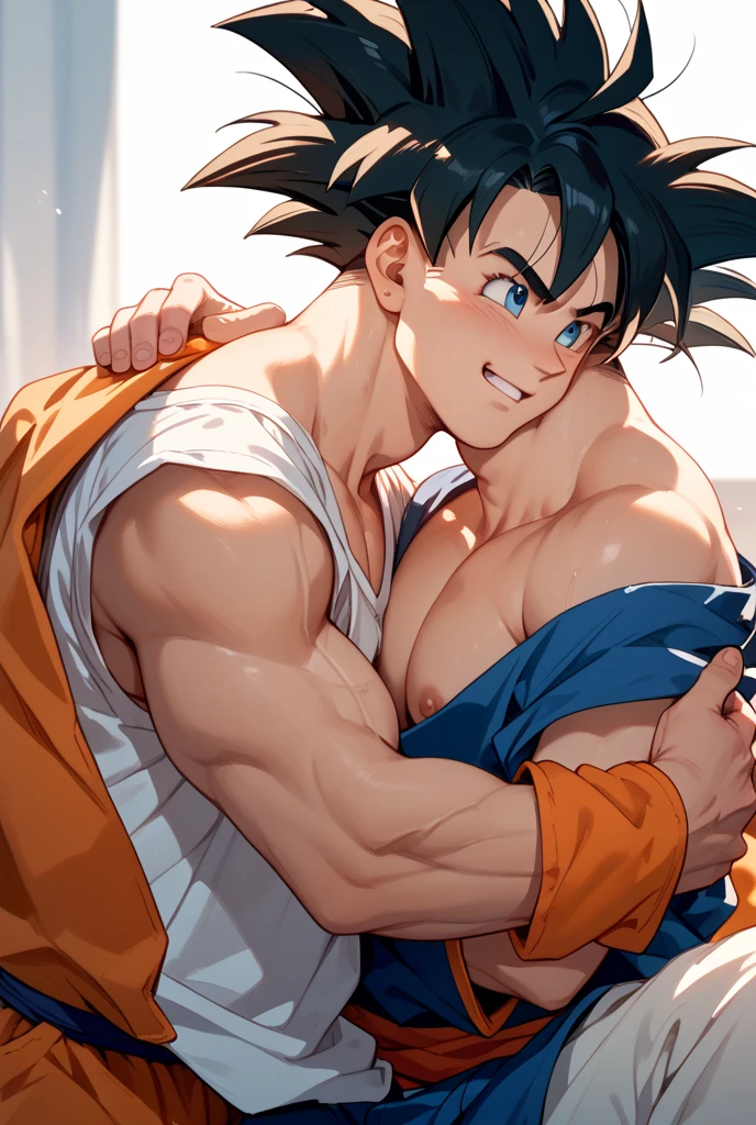 Son Goku and Son Gohan in boxers, bulge, sweat, hairy body, erotic, kissing, in love