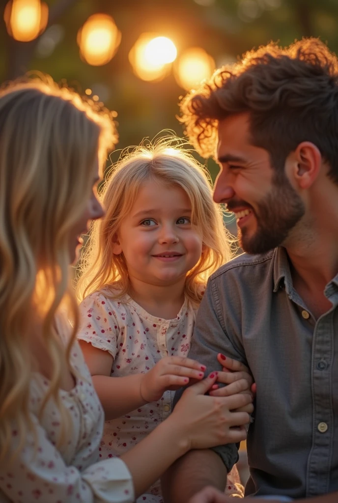 blonde child 8 year blue eyes hugging her father dark brown hair and brown eyes and her mother blonde green eyes long hair in london city 8k ultra realistic photorealistic
