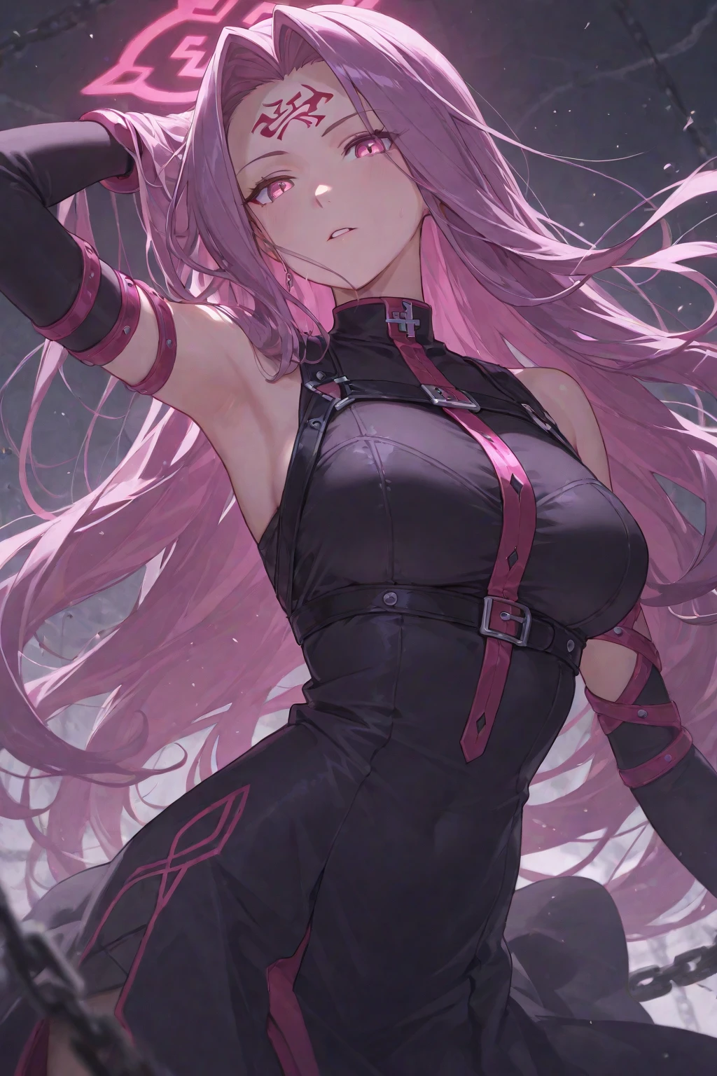1girl, Best quality,Masterpiece,high resolution,Only, bustier , handsome,{Medusa_FGO:1.15},long_hair,purple_hair,very_long_hair,purple_eyes,blush_face,breasts,Big_breasts, bustier white, squatting
