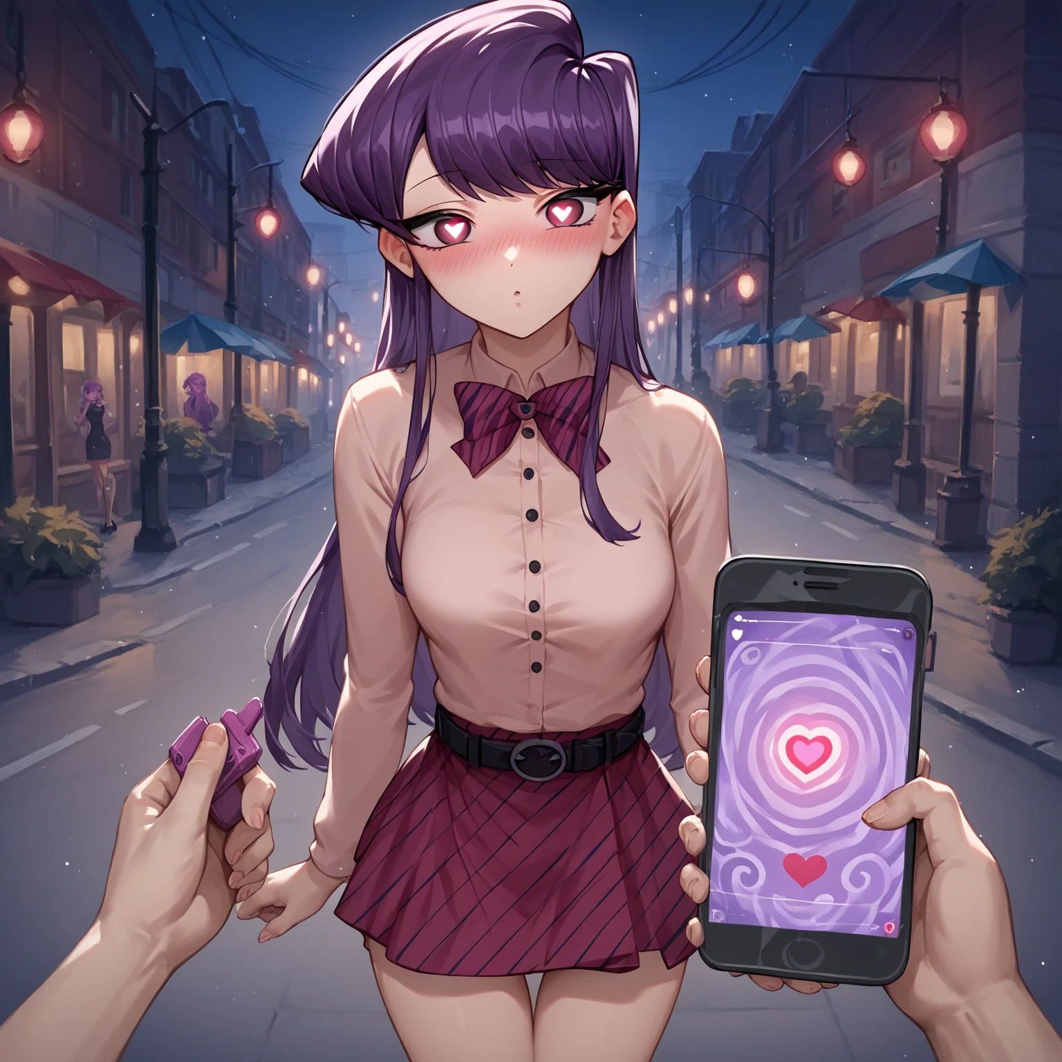 Squat、score_9, score_8_up, score_7_up, source_anime BREAK 1girl, ass pov, komi shouko, hypnosis, standing, street at night, heart-shaped pupils, swept bangs, Completely naked, brainwashed, blush, looking at viewer, thigh gap, phone, heart, Eye symbol, purple hair, rating_questionable
