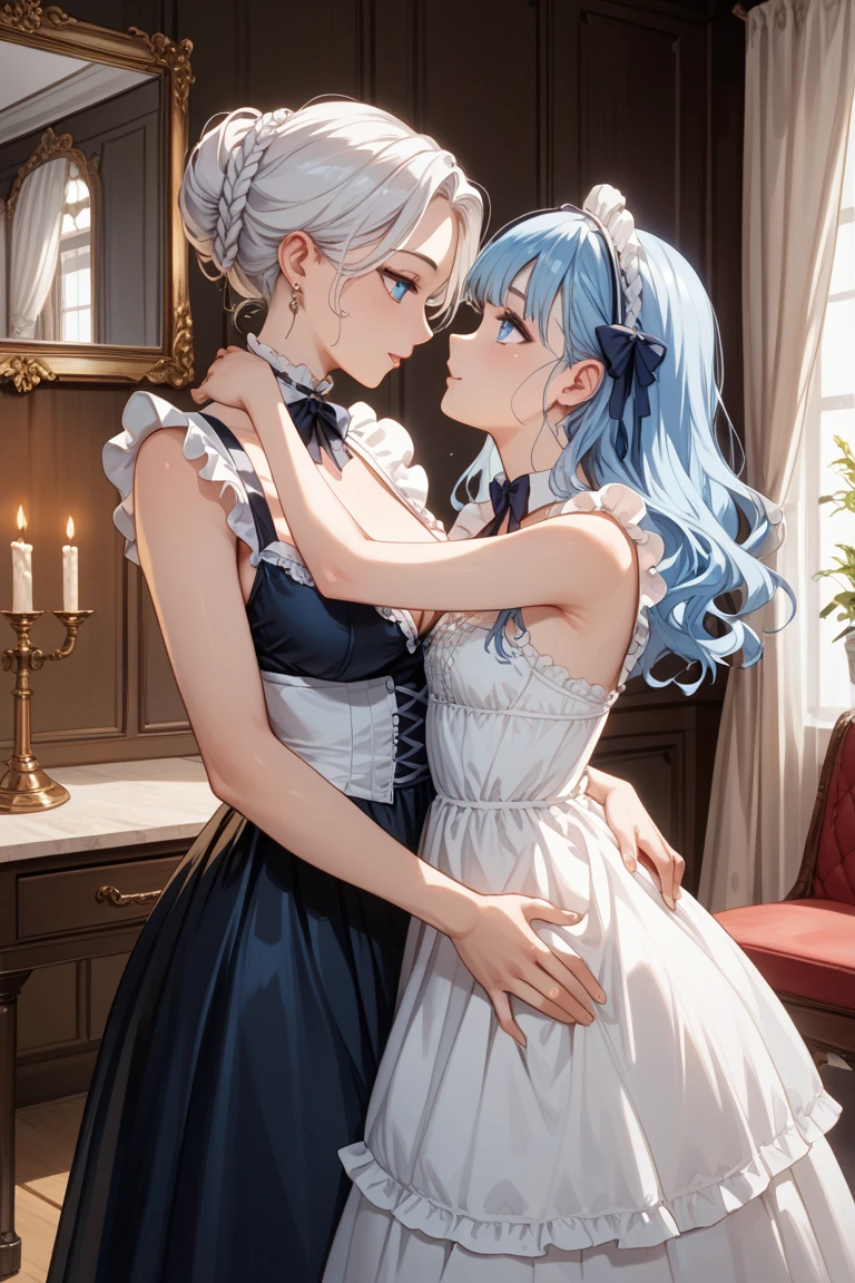 (Best quality, 8k, 32k, Masterpiece, UHD,:1.2),RAW, 2girls,ultra cute , natural lighting,transparent shining eyes, 20yo,medium breast ,fair complexion ,long White hair, flushed face, maid Costume, , From Above, Closeup shot,blush, embarrassed, Dynamic angle, hug,