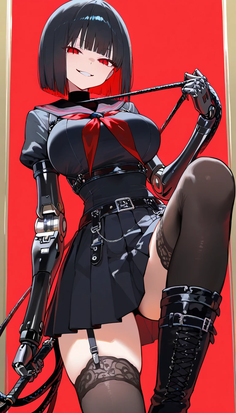dark fantasy anime illustration of a (mature MILF BIMBO albino skin and short white hair), (FULL BODY) perfect face, wearing tight leather stealth armor, stalking, BIG KNOCKERS CLEAVAGE, lustful smirking smile red blush red cheeks, chain leash, kneeling, shackles, leather black collar slave, ((BLACK background)) hands on glass WITH KNOCKERS on glass, glass window fog water drop, 5 fingers each hand, metal handcuffs, black choker collar, thigh highs, long legs, metal ankle, metal sandals, metal shoulders, standing straight symmetrical against glass