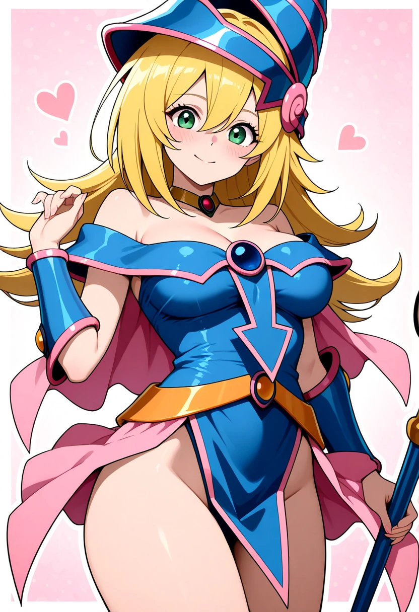 Black Magician Girl、super breasts、thick thighs、blonde hair、magic circle、8K, 4k, highest quality, High resolution: 1.2),winking、One breast exposed、cute anime face、Pink blush on cheeks、noise removal