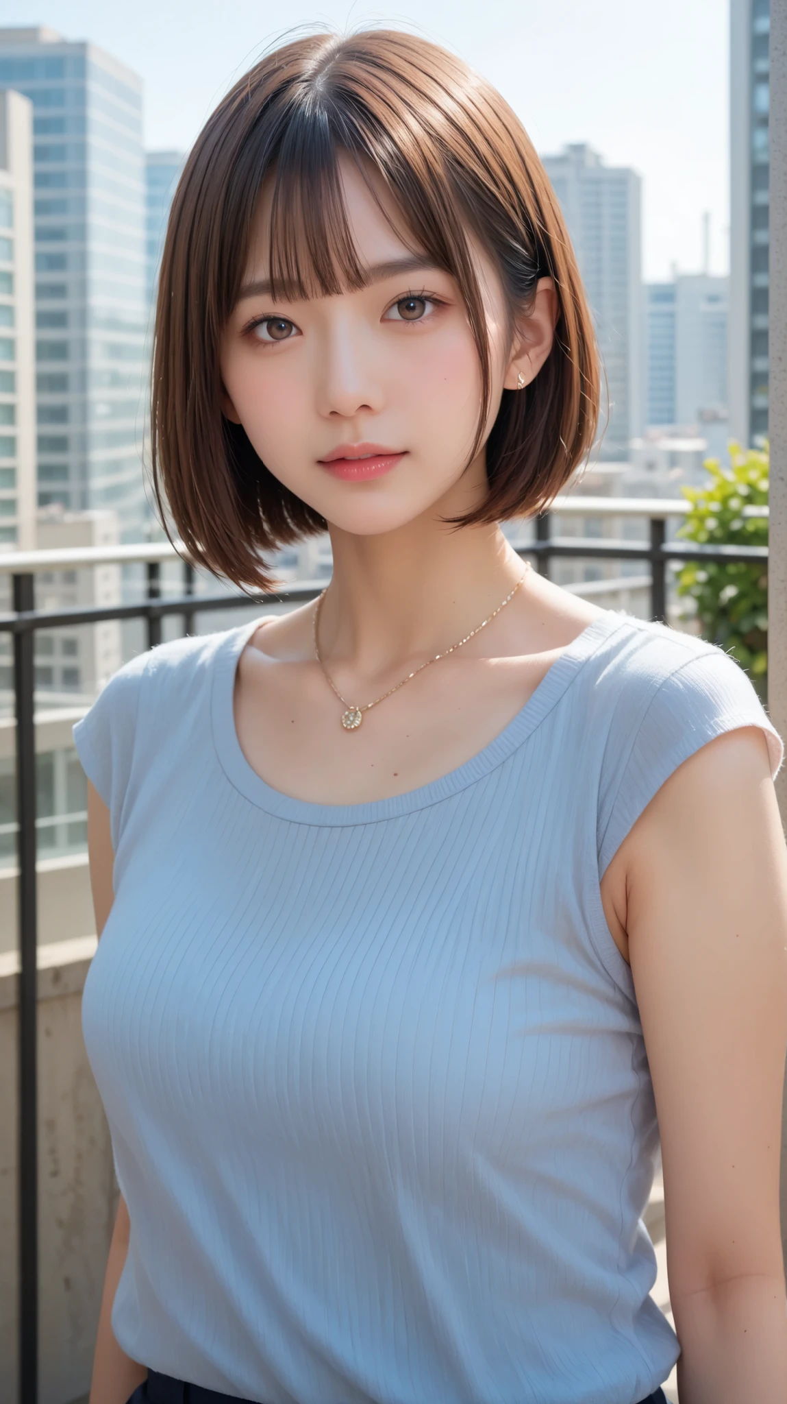 Front view of (((Masamisuno))),(in 8K, top-quality, masterpiece:1.3, 超A high resolution, A hyper-realistic), high detailing, ((Face like the real thing)), Photorealsitic, Raw foto, ((one beautiful women)), 27yo, Detailed face, beautidful eyes, realisticeyes, Eyes in Beautiful Details, (real looking skin), Beautiful skins, enticing, depth of fields, hight resolution, High pixel count, clear details, sharp photo, Natural color reproduction, Noise Reduction, High fidelity, quality, Software Updates, Optimized algorithms, Stylish café terrace, Everyday clothes, Neat and clean clothing, perfect bodies, face perfect, perfect chest, perfect teeth, Perfect tooth alignment, , Sexy lips, Ears are visible, Looking away, Natural perspective, (Don't look into the viewer's eyes), a smile, kindly smile, Beautiful skins, enticing, the golden ratio, (Detal Face:1.2), profetional lighting, Lighting the face, best light, japanes,japanaese girl, Photo of a cute Japanese woman, Small necklace, Thin Silver Necklace, simple background, wear suit, Casual pose, Short hair swaying in the wind