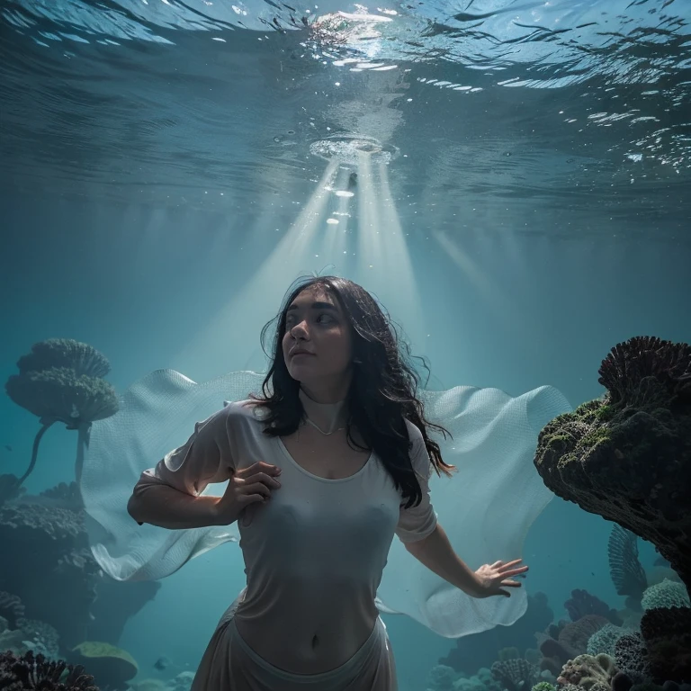 (masterpiece), best quality, expressive eyes, perfect face, (ultra high res:1.4), (masterpiece), (beautiful lighting:1.4) , lush greenery and mountains, Bright sunlight illuminates the crystal-clear water, (deep underwater), anime, half above water and half below water , (clear underwater), beautiful sky with clouds, fish , depth