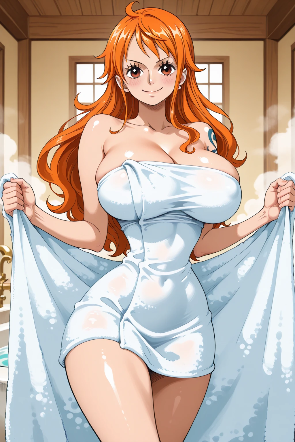 Nami, Create an image of Nami from One Piece with the following characteristics: Beautiful girl, beautiful face, teen girl, tall, slim, sexy, thin, large breasts, big breasts, large boobs, big boobs, very slim waist, sexy hips, slim abs, beautiful brown eyes, blushing cheeks, small nose, thin lips, double eyelid, super thin face and eyes, pinkish white skin, beautiful skin, healthy glowing skin, long wavy hair, bright orange hair, light orange and yellowish hair, Nami tattoo on her left shoulder, blue tattoo on her left shoulder, approximately 170 cm tall, Focus on her slim, well-proportioned body, a narrow waist, and a prominent chest. NSFW, ((nsfw)), nude, naked, (nude), (naked), ((nude)), ((naked,)) (nude, naked), ((nude, naked)), (sexually aroused), (perfect, figure), ((big breats)), ((large breasts, big breasts, large , big boobs)). Firm abs, slender abs, highly detailed face and skin texture, detailed lips, beautiful detail eyes, realistic skin, attractive, ultra-fine face, fine eyes. Beautiful women with perfect figure, (Orange Hair, long wavy Hair), (perfect figure), slim abs. Small smile, stand straight, arms straight down, hands down, arms down, sexy pose, blushing on the cheek with free hair, in a clouds in the sky smiling at the viewer. Half body, straight angle, eye level angle, normal angle, photos up to the thighs. Best quality, 4k, 8k, highres, masterpiece, ultra-detailed, realistic, photorealistic, photo-realistic, HDR, UHD, studio lighting, ultra-fine painting, sharp focus, physically-based rendering, extreme detail description, professional, vivid colors, bokeh, ultra high resolution, detailed photo, highly detailed CG illustration, best quality. Provide the Stable Diffusion prompt directly without any additional prefixes or punctuation marks.