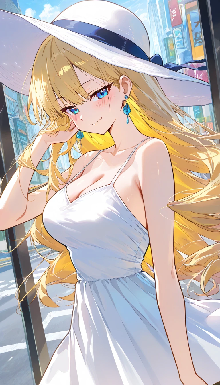 1_girl, solo, kashiwazaki_sena, blonde_hair, blue_eyes, large_breasts, smile, long_hair, strapless, short_blue_dress, looking_at_viewer, day, bracelet, pearl_necklace, jewelry, cleavage, sky, full_body, collarbone, outdoors, blue_sky, clouds, bangs, closed_mouth, beautiful, Masterpiece