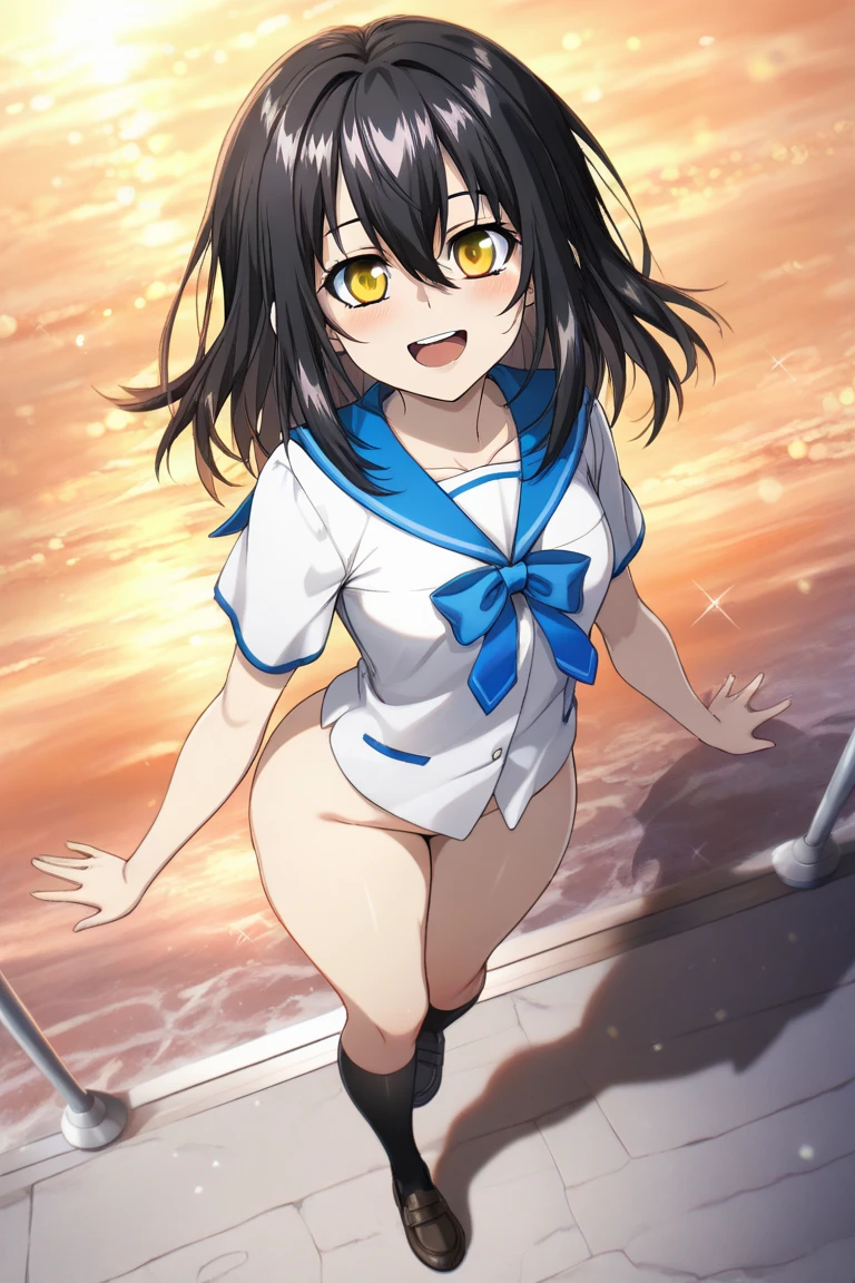 ((masterpiece)),(best quality),official art,extremely detailed CG,unity 8k wallpaper,ultra detailed,A lighthouse on a cliff by the sea,1girl,solo,cowboy shot,mini_hat,seamed_legwear,short_hair_with_long_locks,black_hair,multicolored_hair,anchor,sailor_dress,sailor_collar,gradient_hair,black_pantyhose,smile,high_heels,side-tie_panties,tied_shirt,short_hair,brown_eyes,underwear,high_heel_boots,headgear,hairband,black_eyes,neckerchief,long_sleeves,white_panties,school_uniform,grey_hair,looking_at_viewer,<lora:Tokitsukaze(kan)>,