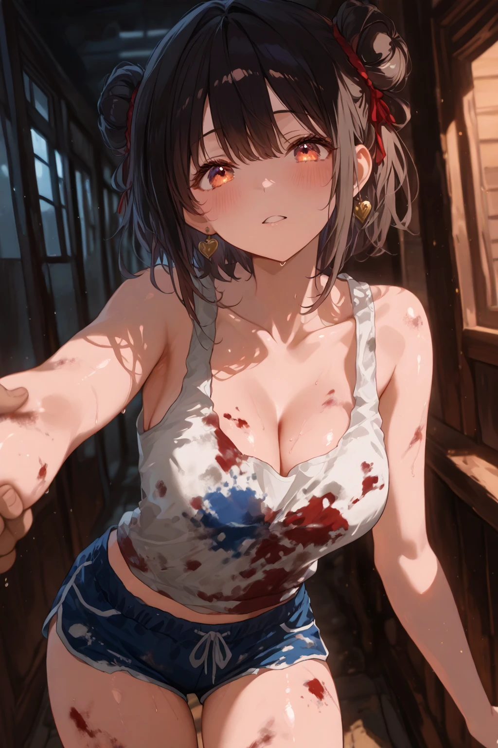 Smile,blush, cleavage, ,brown hair, red eyes, red fingerless gloves, white tank top, glowing aura, natural light, masterpiece, Tifa Lockhart, glossy skin, juicy lips ,long hair, cute, kawaii, adorable, reaching up, adult, cuddle, kawaii clothes, navel showing, random hair style, random clothes, tired up, rope